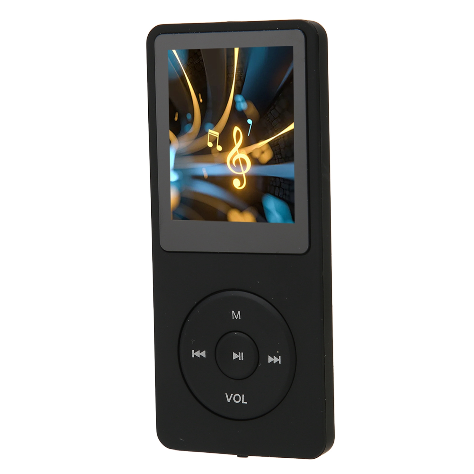 Ein schwarzer MP3-Player mit einem Bildschirm, der eine Musiknote und Steuertasten anzeigt.