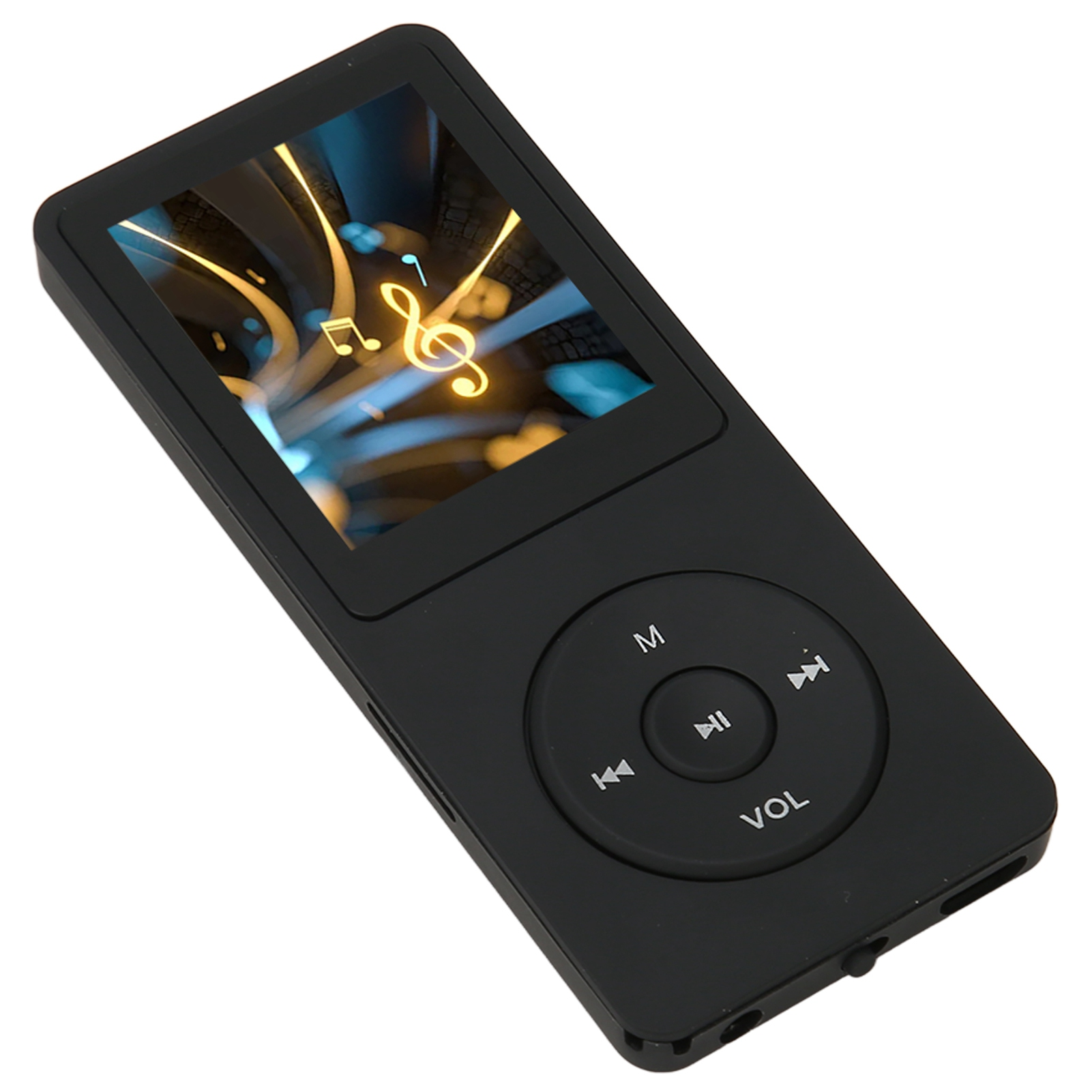Schwarzer MP3-Player mit Bildschirm und Steuertasten. Er befindet sich auf weißem Hintergrund.