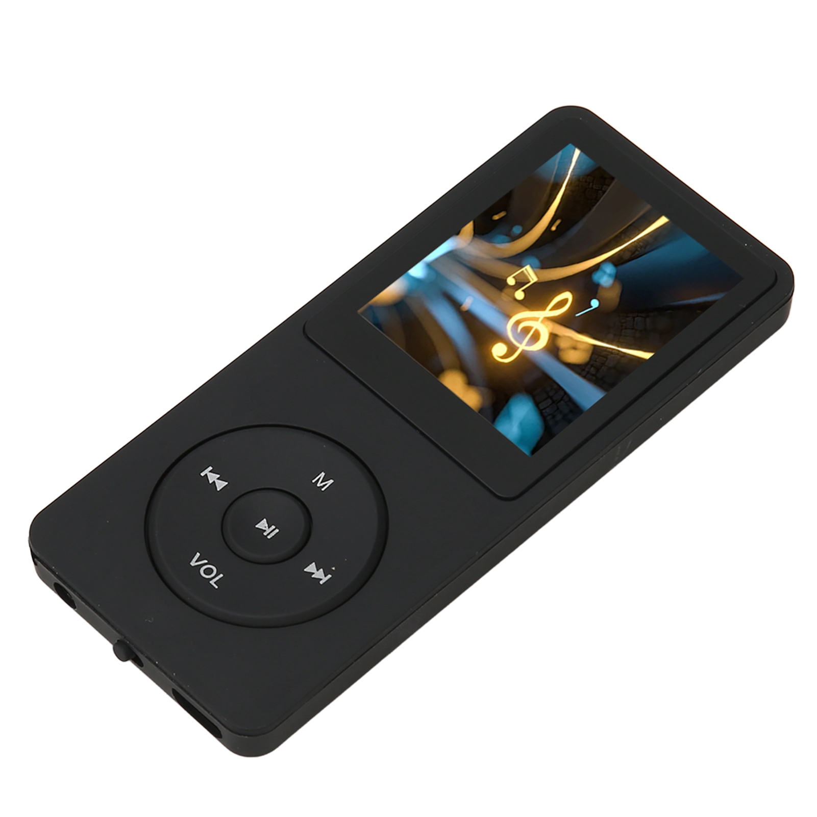 Ein schwarzer MP3-Player mit Bildschirm, der Noten zeigt. Text: Musiksymbol.