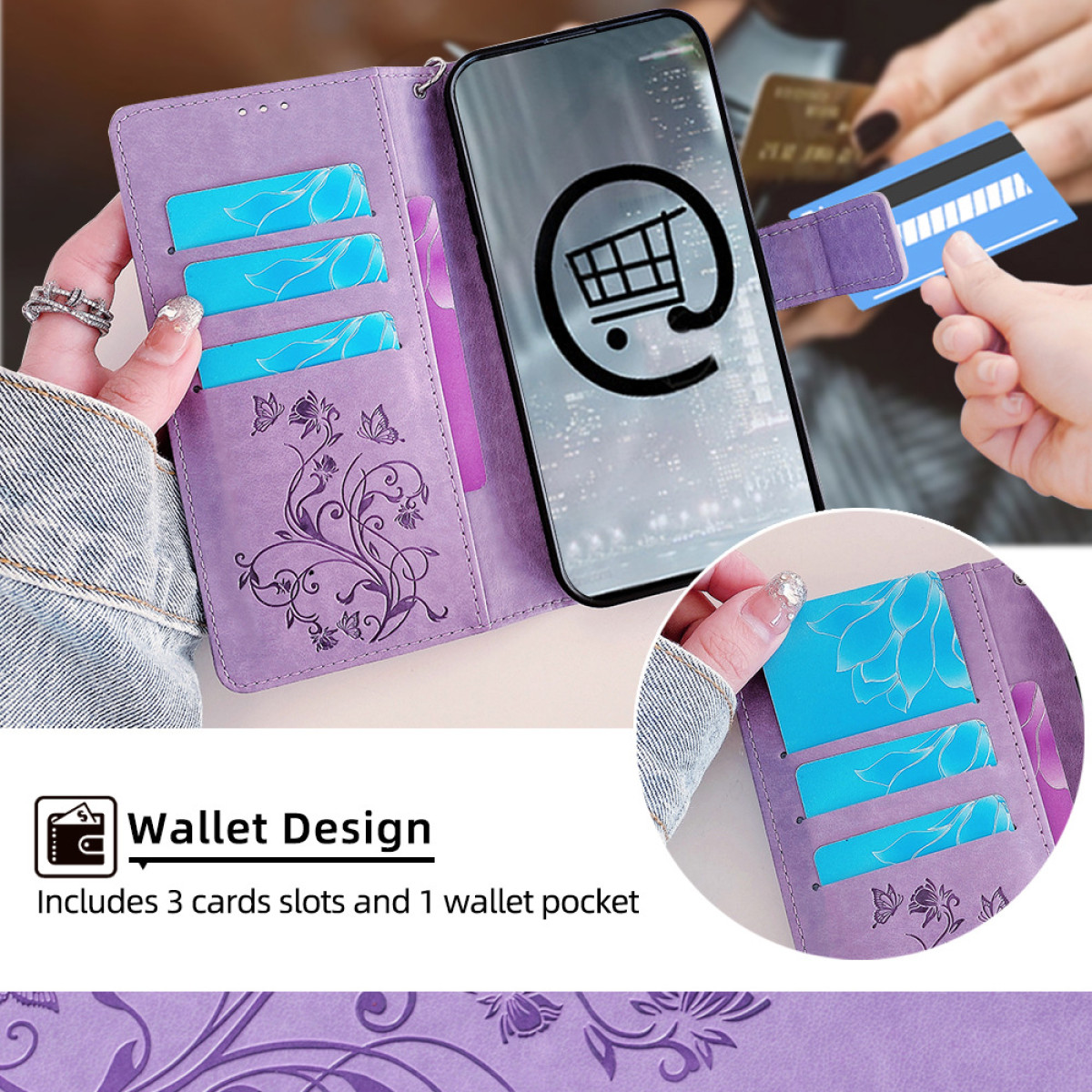 Custodia viola per telefono con fessure per carte e tasca portafoglio. Mano che tiene una carta di credito.