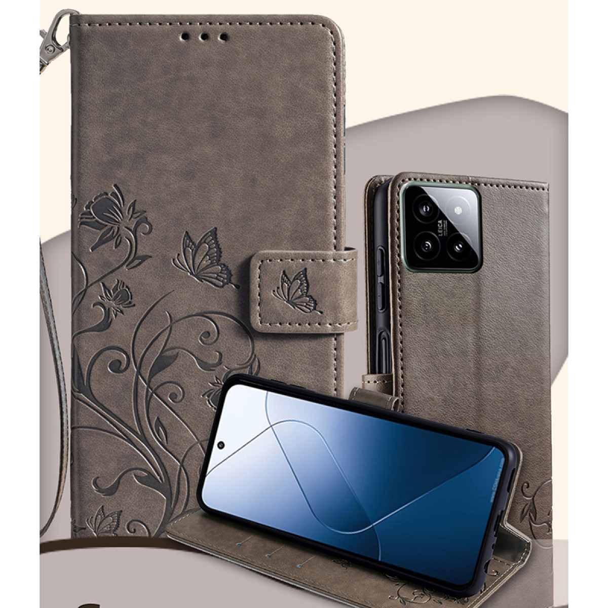 Una custodia per telefono in pelle marrone con farfalle in rilievo e design floreale. Sfondo bianco.