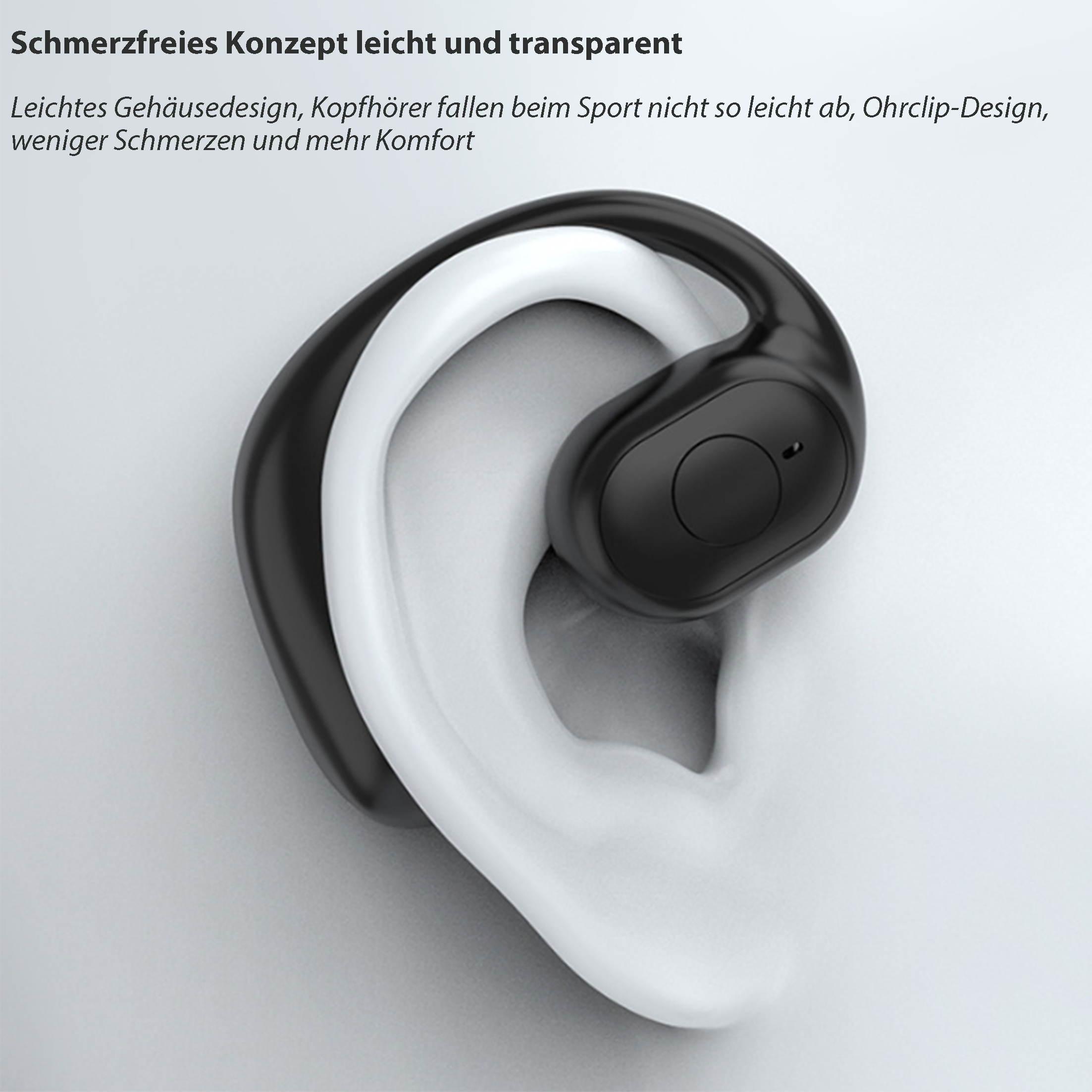 Schwarz-weißer Ohrhörer, platziert auf einem weißen Ohrmodell. Text: 'Schmerzfreies Konzept'.