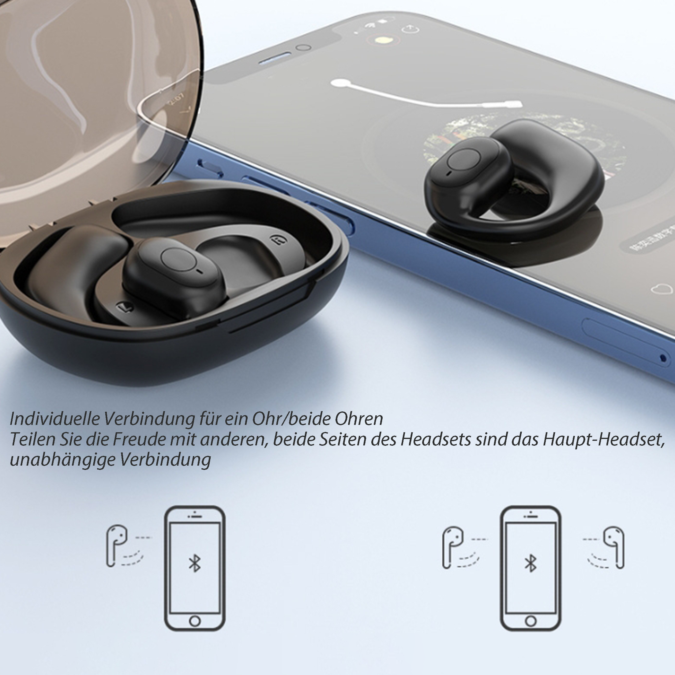 Schwarze Ohrhörer mit Hülle neben einem Telefon, mit Bluetooth-Verbindungssymbolen.