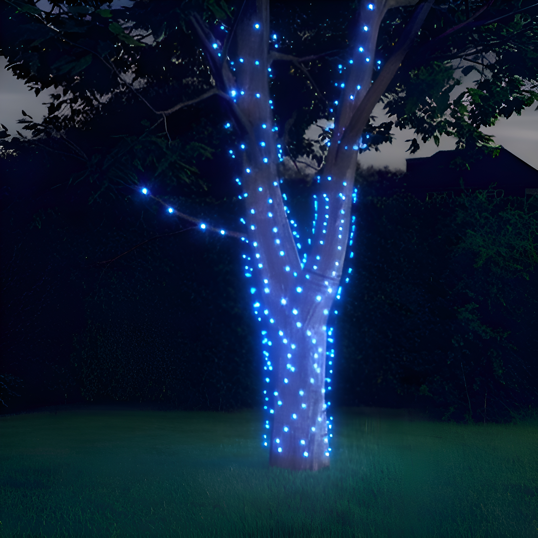 Baum, der nachts von blauen Lichterketten beleuchtet wird. Grüner Gras-Hintergrund.