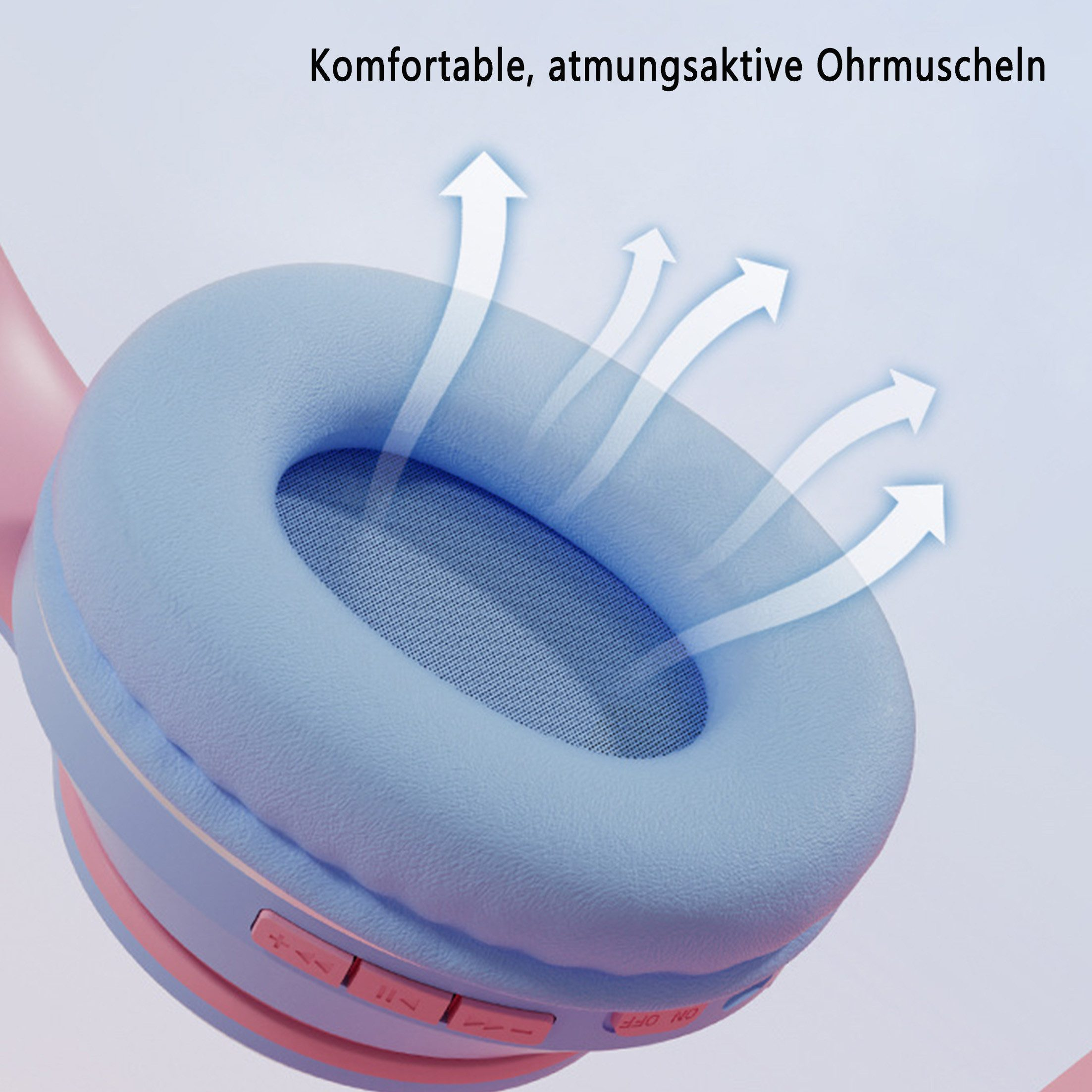 Nahaufnahme von blau-rosa Kopfhörern, mit weichem Ohrpolster und weißen Pfeilen.