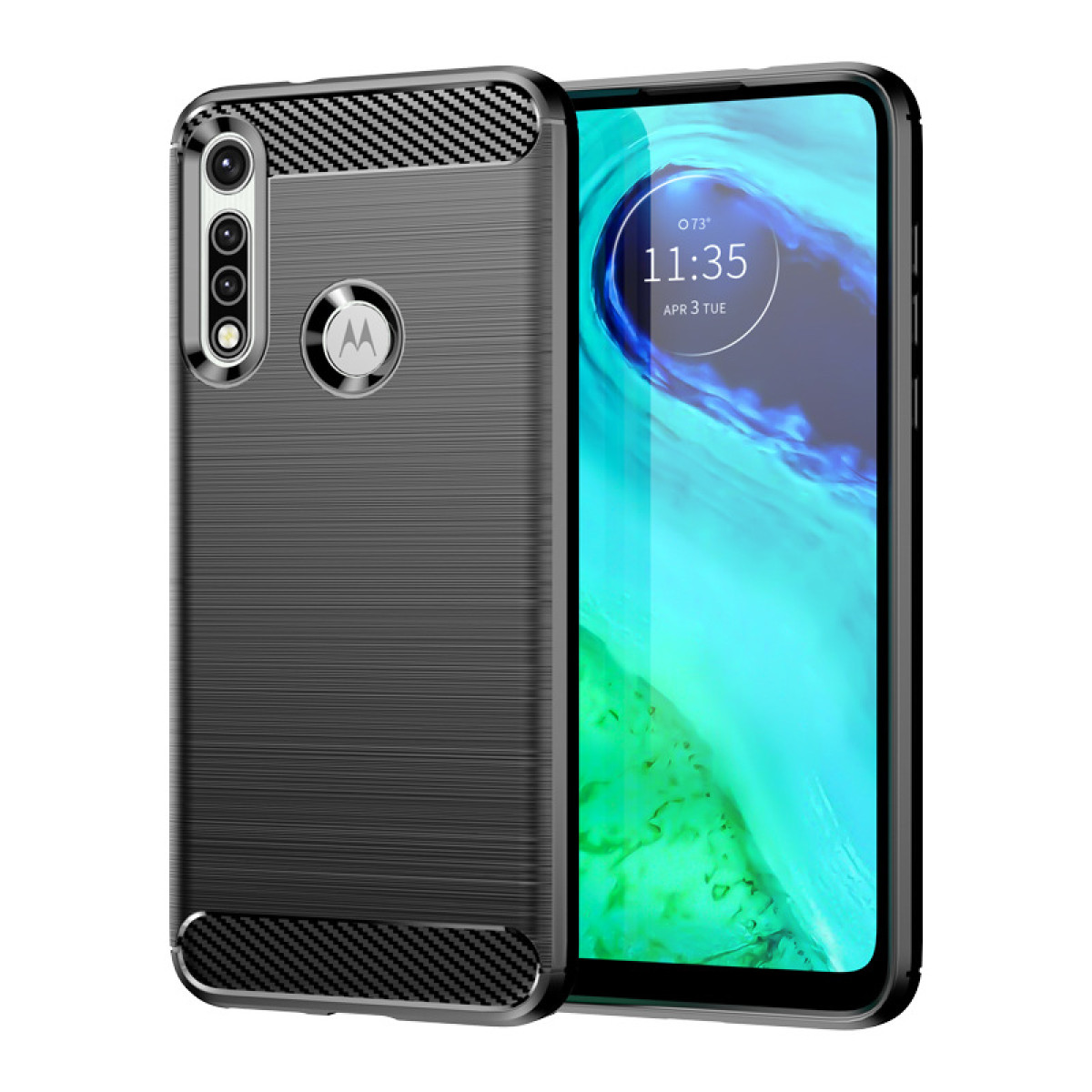Ein schwarzes Telefon mit strukturierter Rückseite und Hülle. Der Bildschirm zeigt die Uhrzeit.