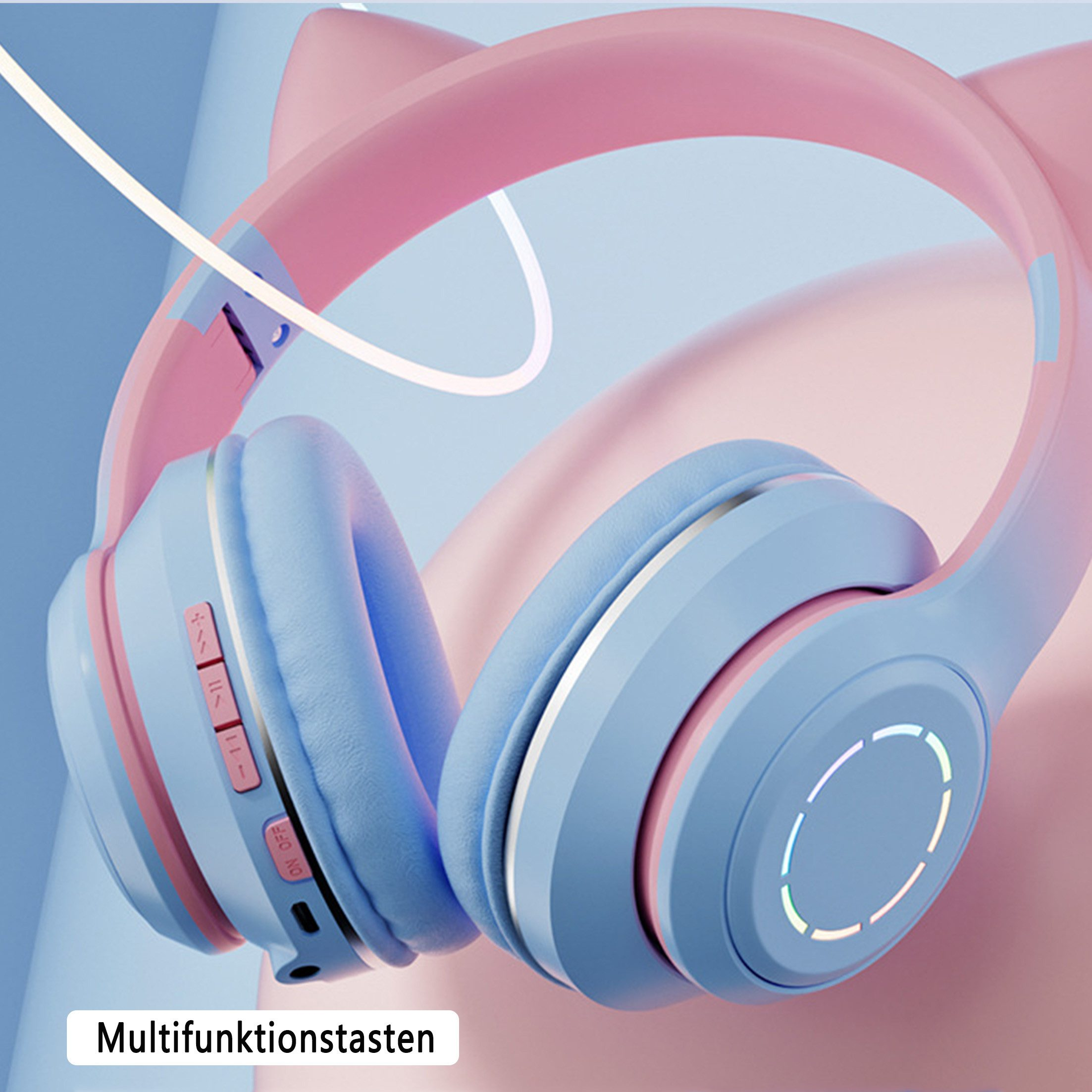 Blau-rosa Katzenohr-Kopfhörer. Bedienelemente auf der linken Ohrmuschel. Weißer Hintergrund.