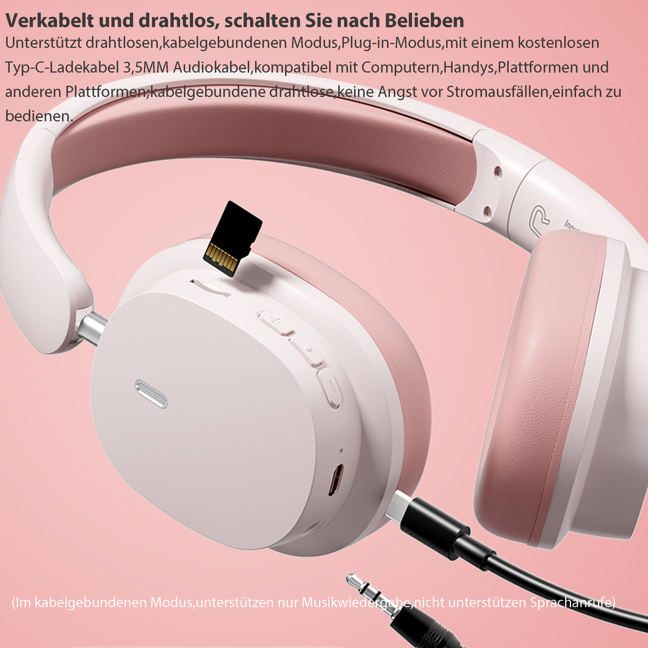 Weiße und rosa Kopfhörer mit eingesetzter Speicherkarte und angeschlossenem Kabel.