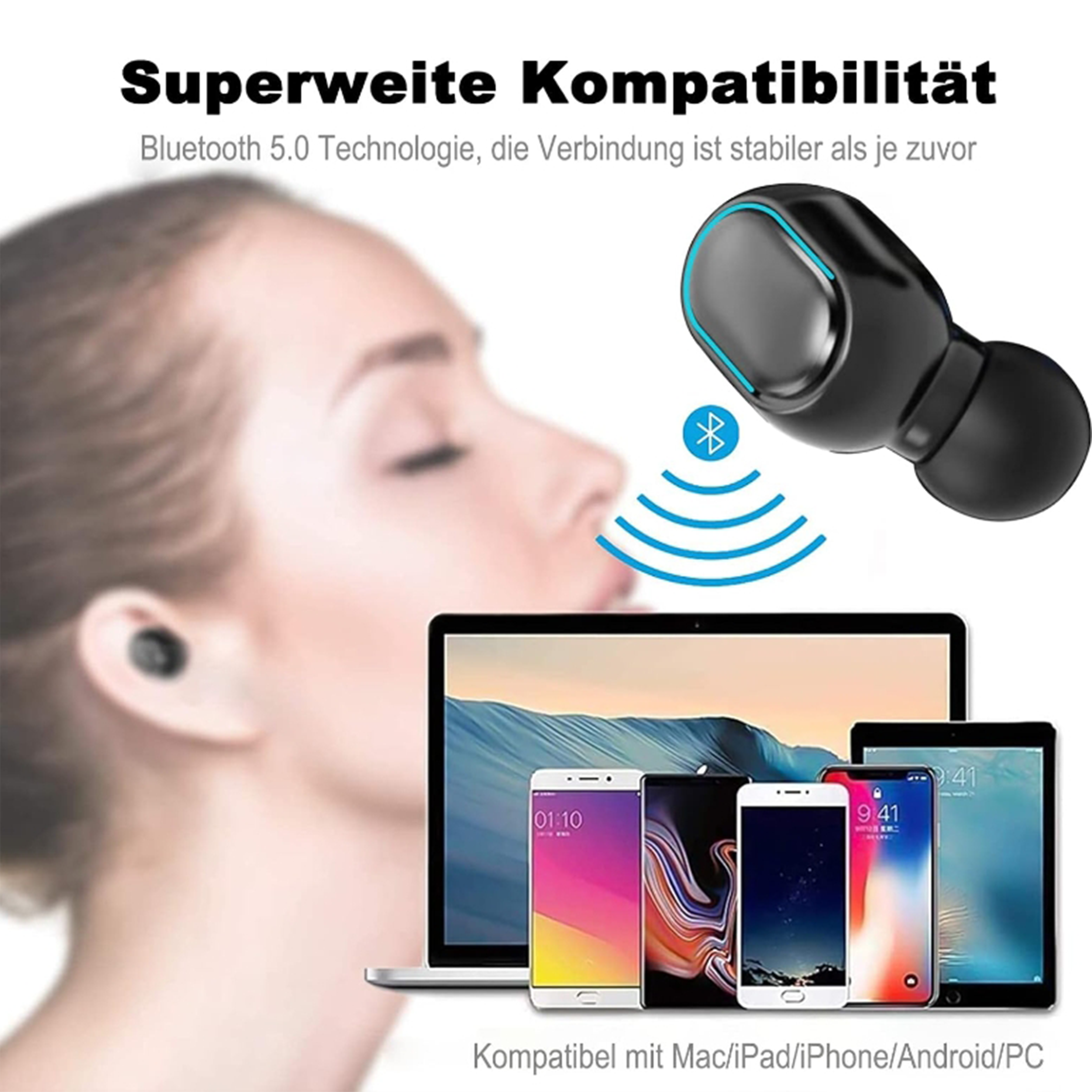 Eine Frau mit Ohrhörern und verschiedenen Geräten, darunter Laptops, Smartphones und Tablets.