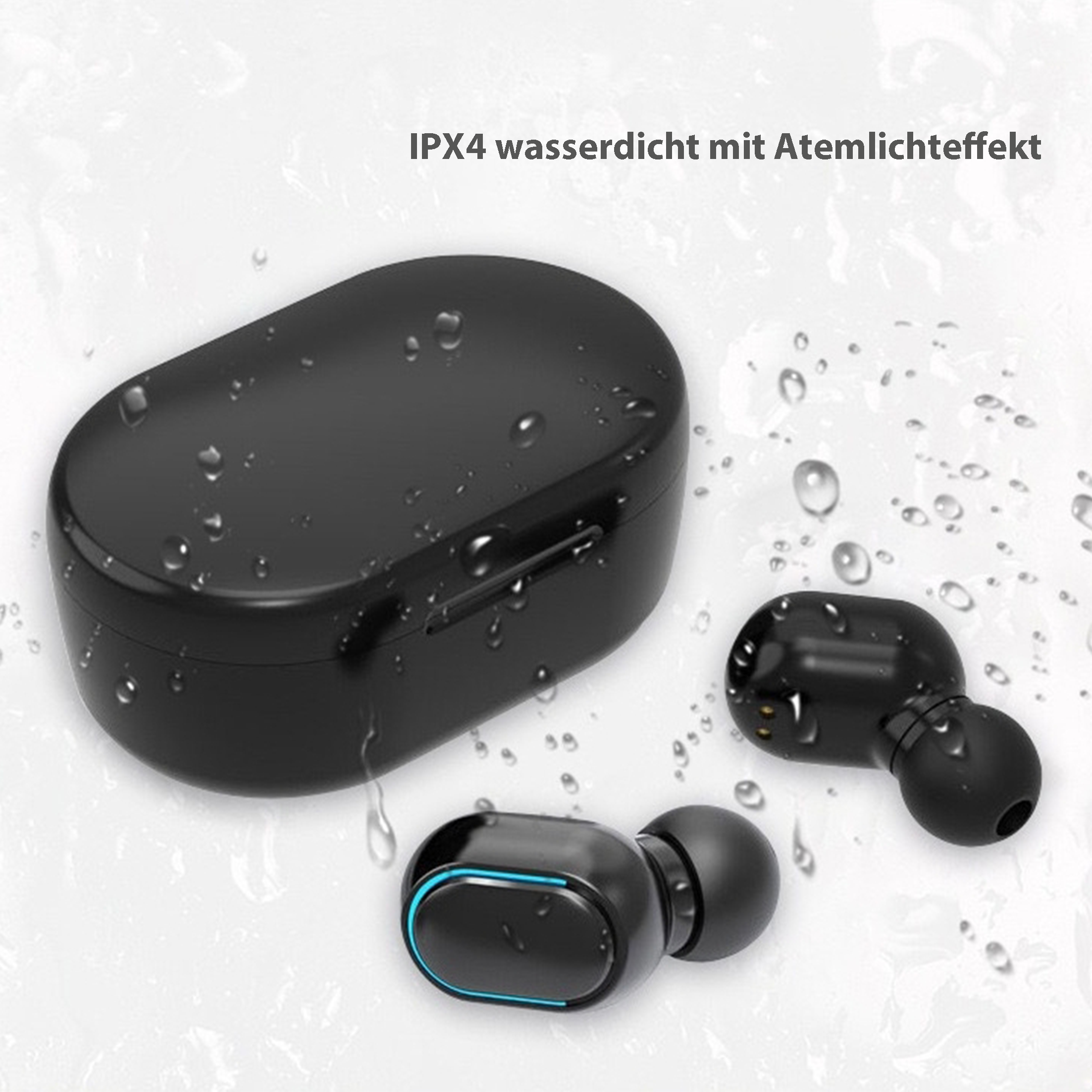 Schwarze kabellose Ohrhörer mit Ladecase, Wassertropfen, auf nasser Oberfläche.
