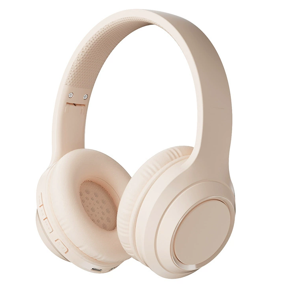Beige Kopfhörer. Einfaches und elegantes Design. Ohrpolster und das Kopfband. Weißer Hintergrund.