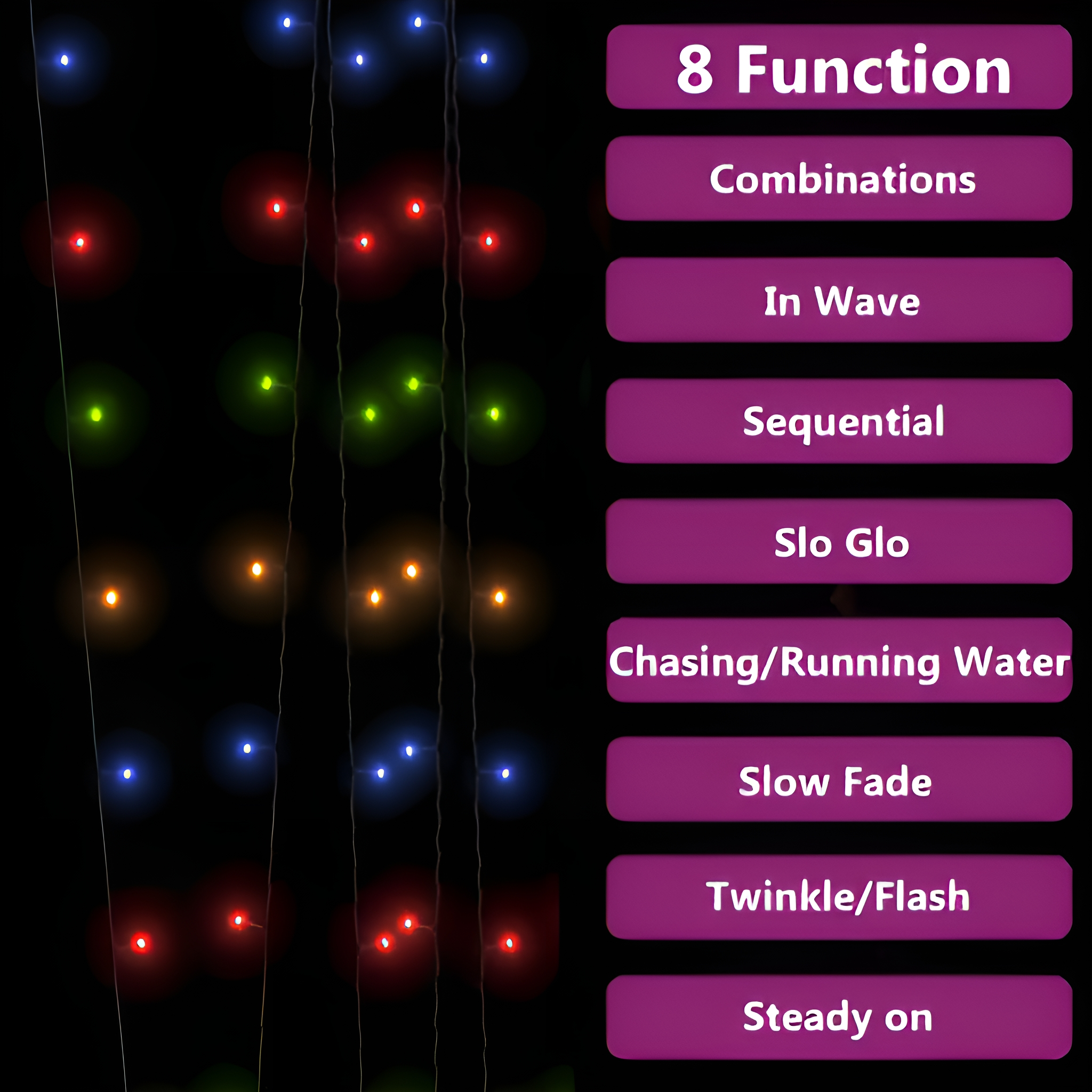 Eine Reihe farbiger Lichter, mit Funktionsoptionen in Textform.