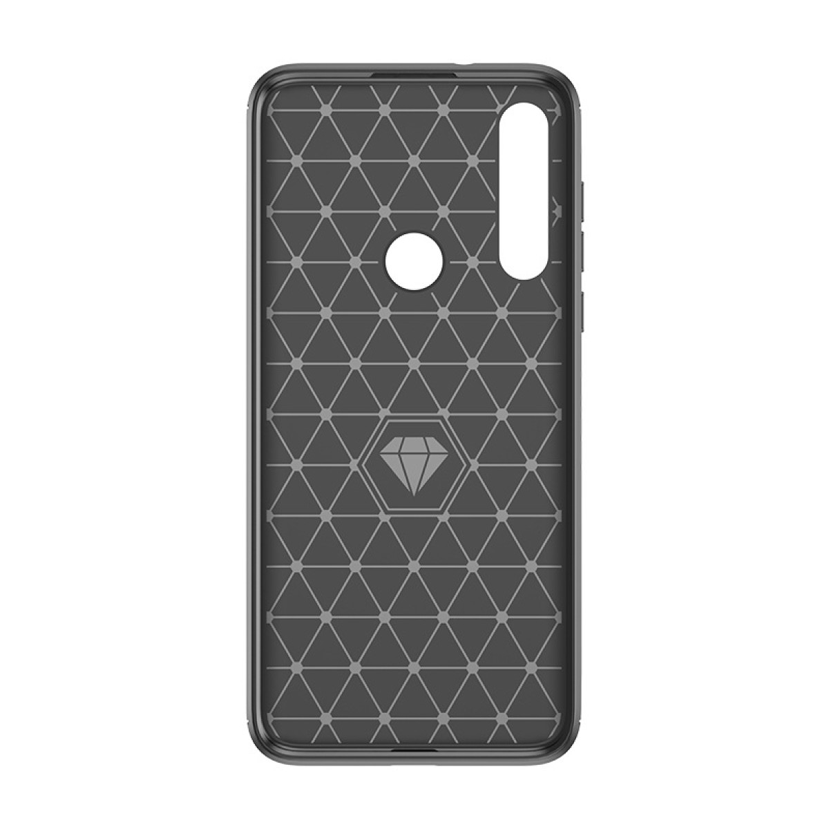 Schwarze Handyhülle mit geometrischem Muster auf der Rückseite. Kamera und Blitz sichtbar.