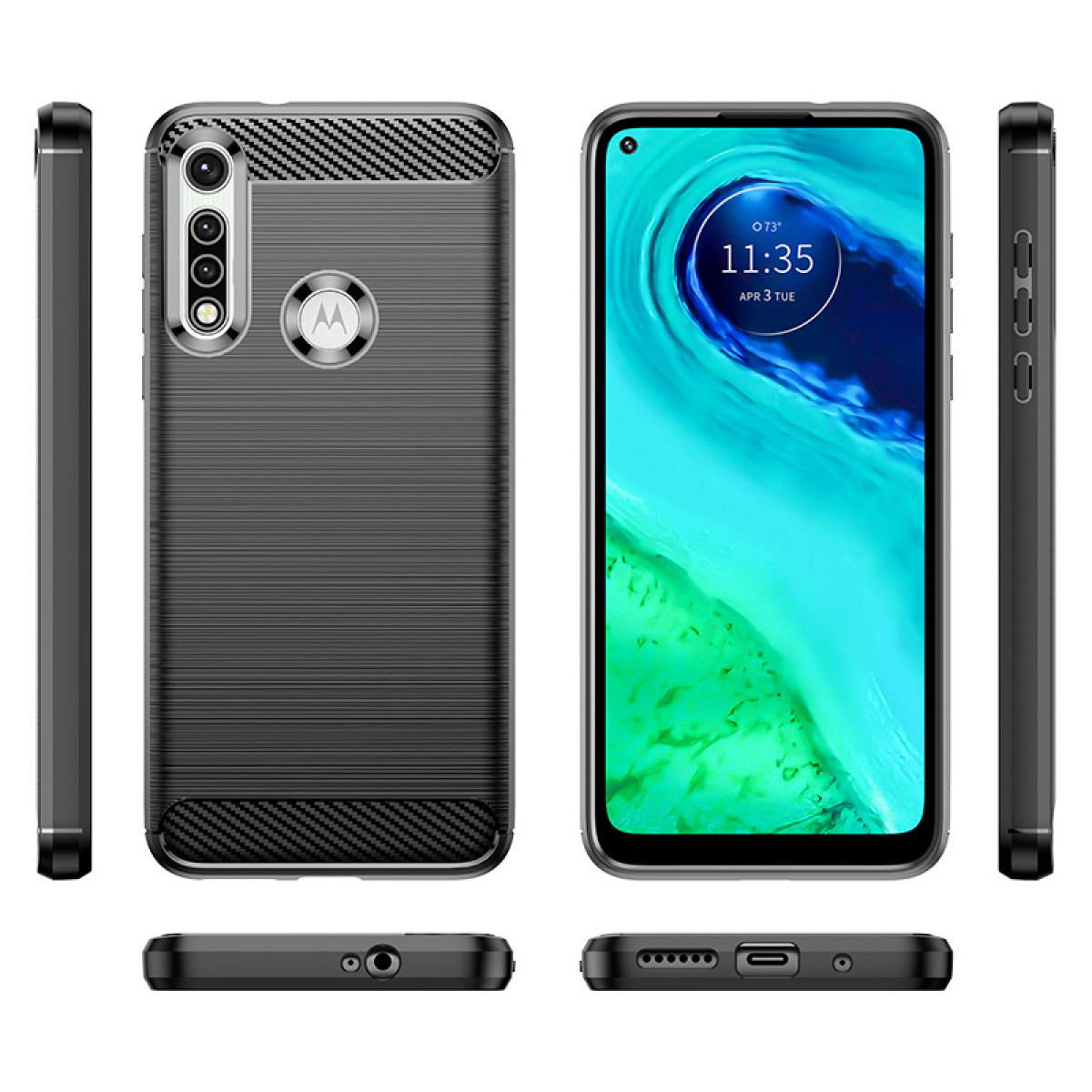 Handyhülle mit drei Ansichten. Die Hülle ist schwarz mit einer Kohlefaserstruktur und einem Telefon rechts.