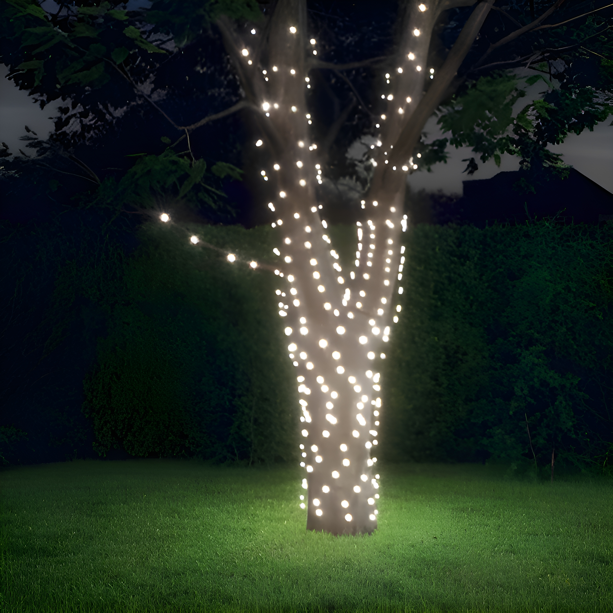 Baum mit weißen Lichtern umwickelt, auf grünem Rasen.