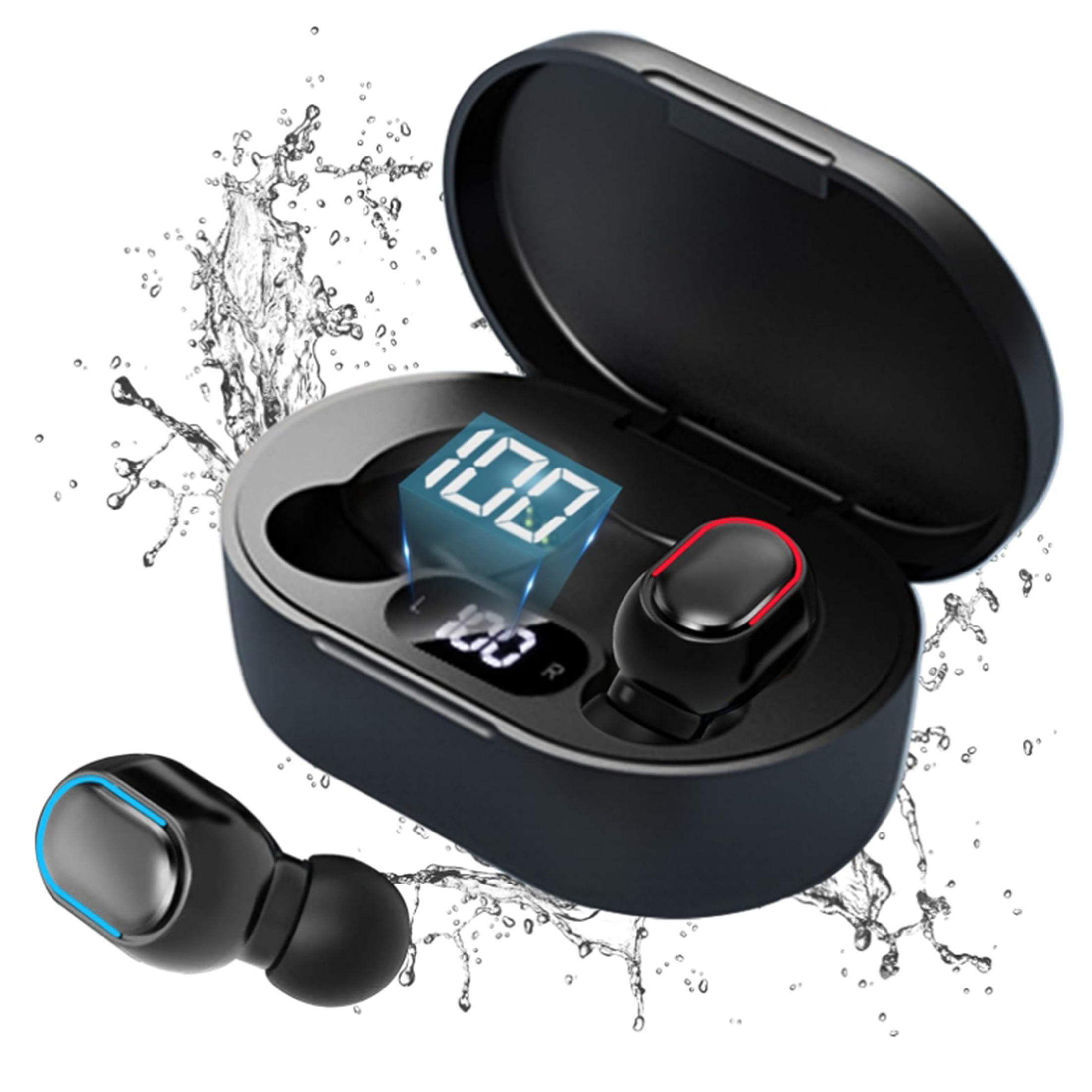 Schwarze kabellose Ohrhörer in einem schwarzen Etui mit Digitalanzeige. Wassertropfen umgeben sie.
