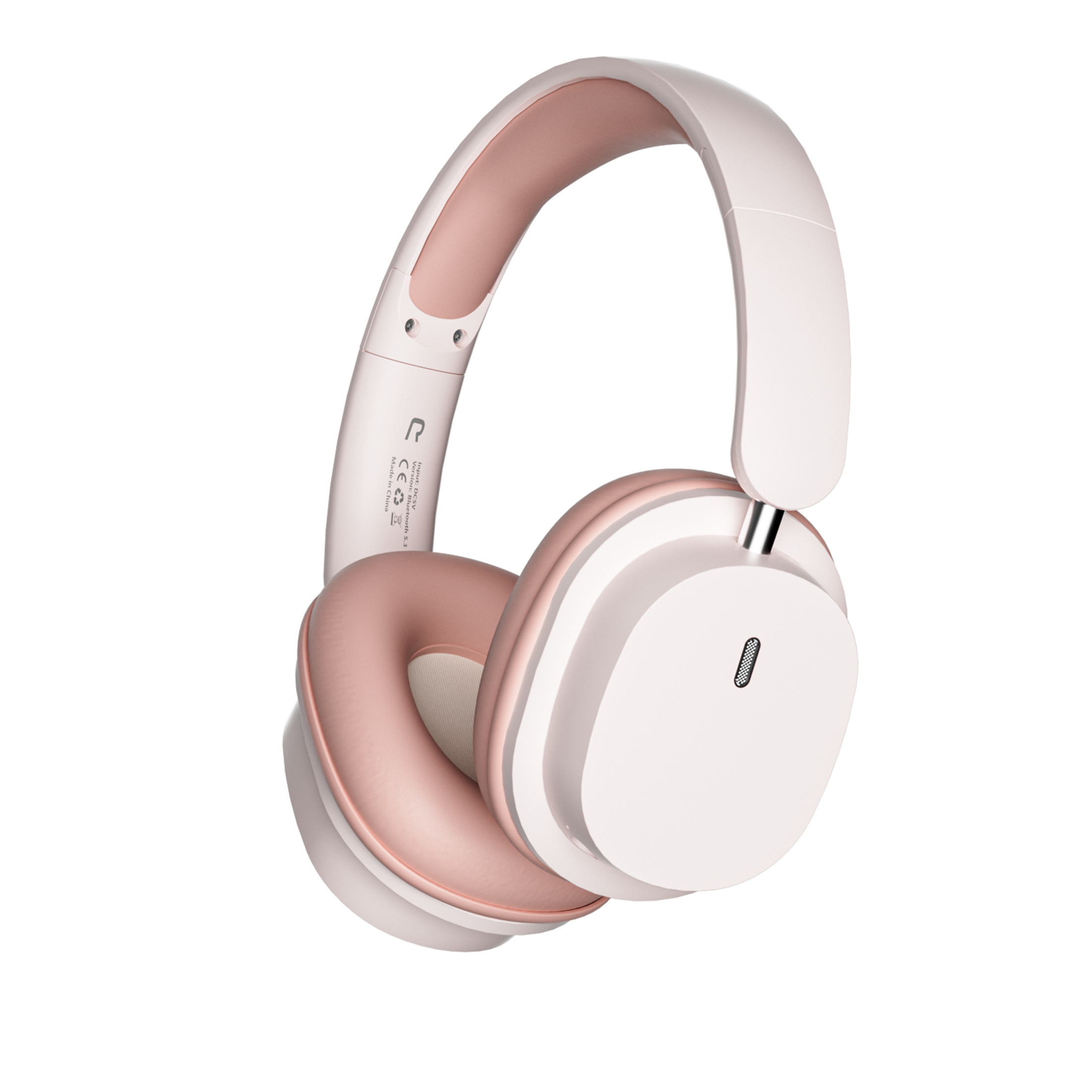 Weiße und rosa Kopfhörer auf weißem Hintergrund. Die Ohrmuscheln sind rosa, das Band ist weiß.