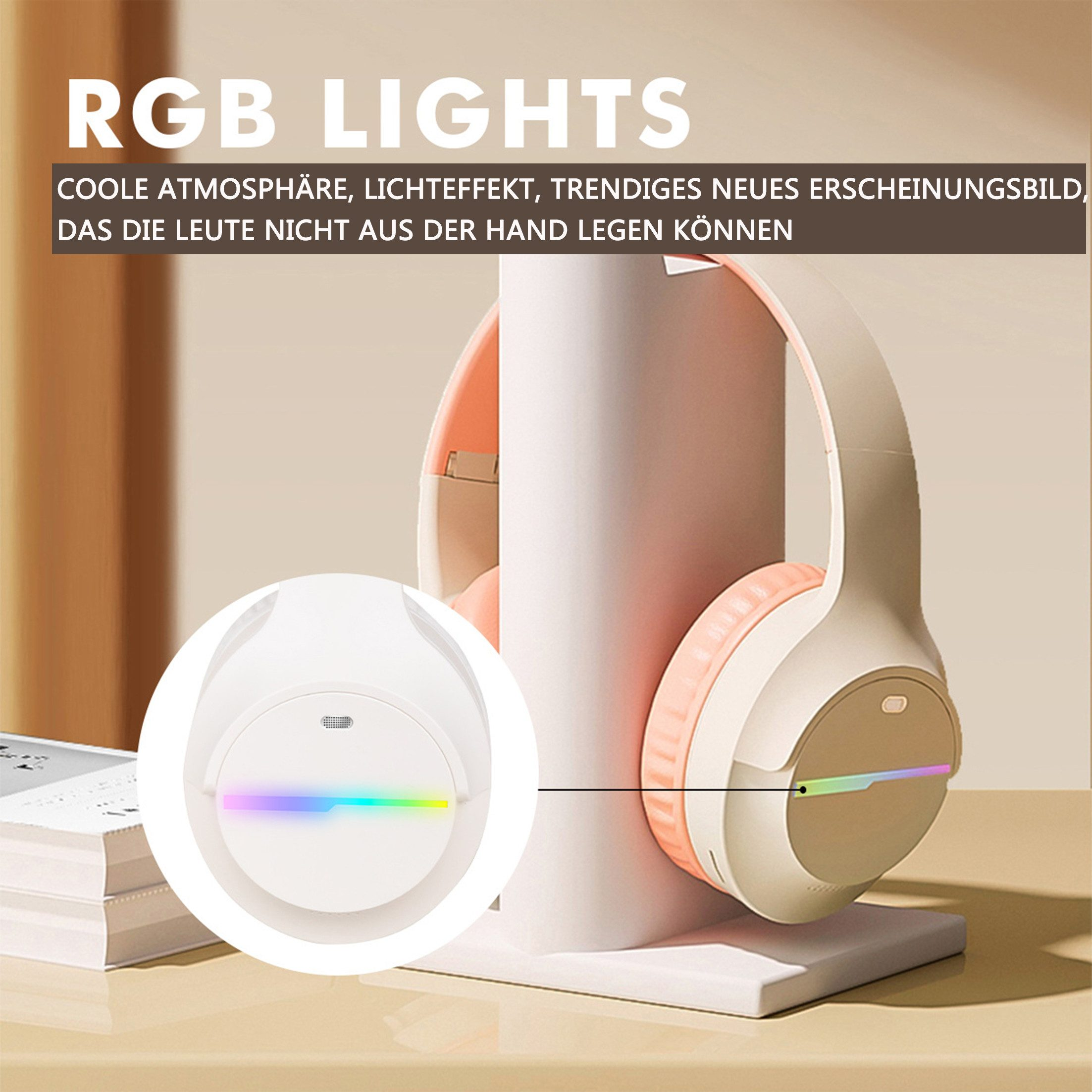 Weiße Kopfhörer mit rosa Akzenten und RGB-Lichtern, auf weißem Ständer.