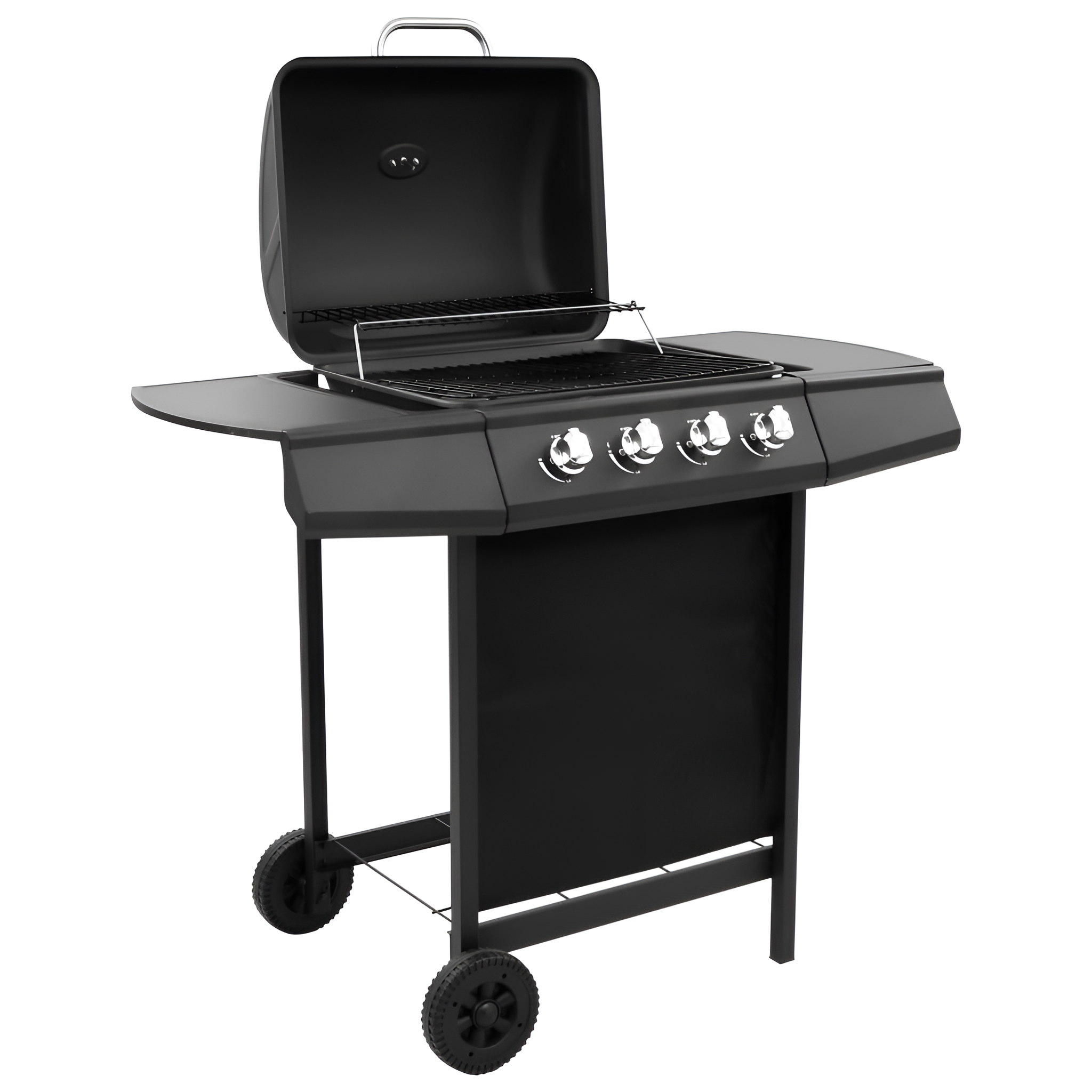 Ein schwarzer Gasgrill mit offenem Deckel.