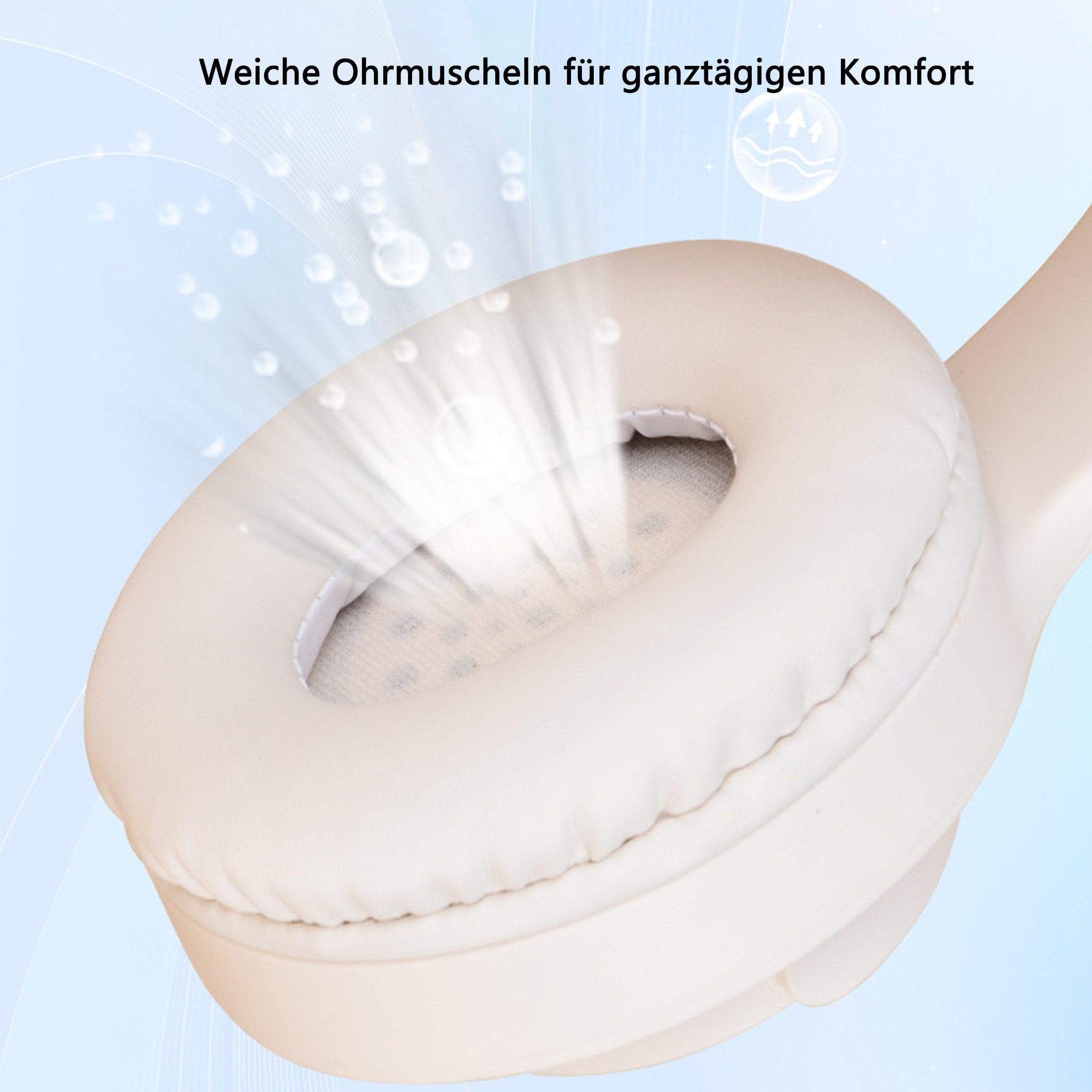 Nahaufnahme einer weißen Kopfhörer-Ohrmuschel. Weiche Ohrmuscheln sind sichtbar.