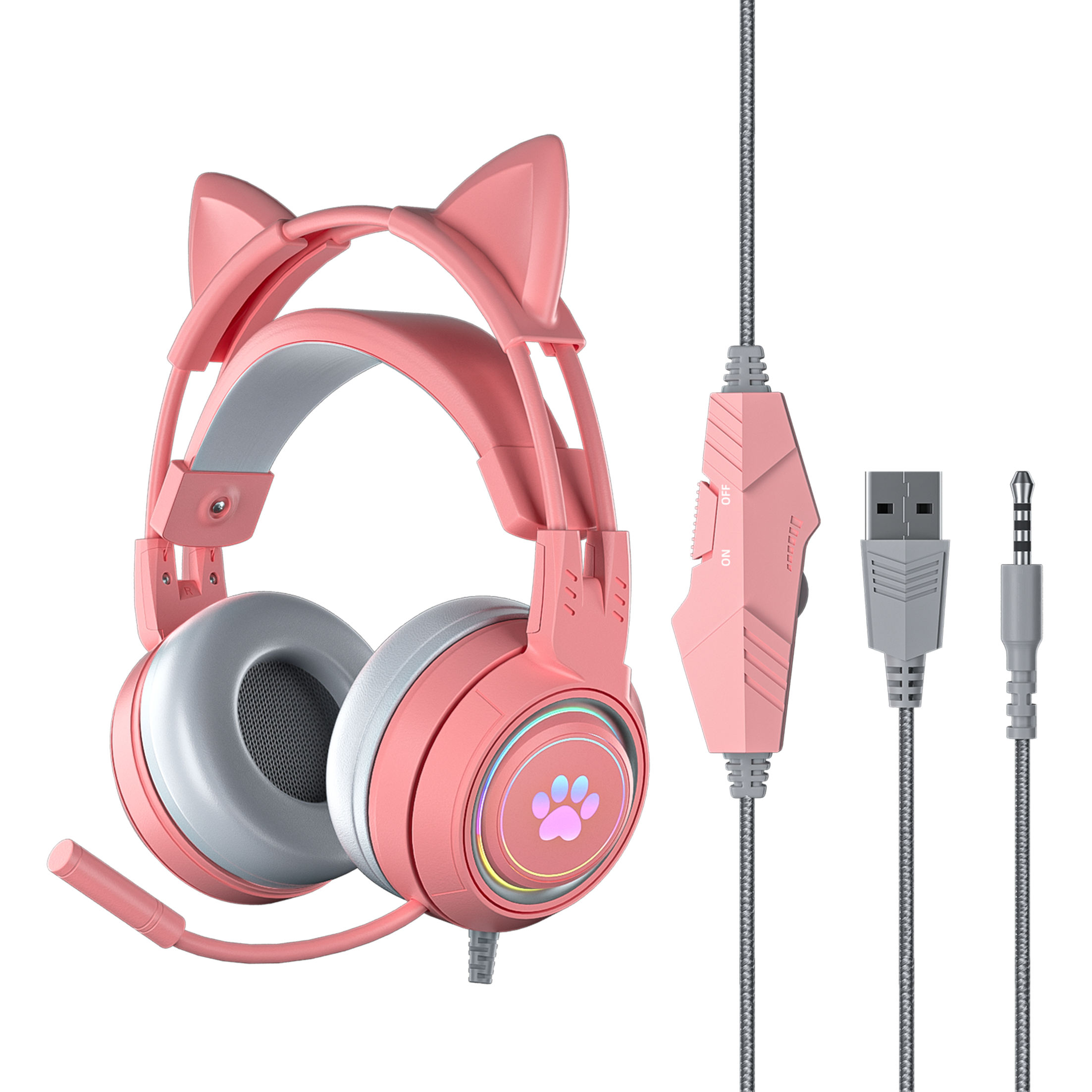 Rosa Katzenohr-Kopfhörer mit Mikrofon und Kabel.