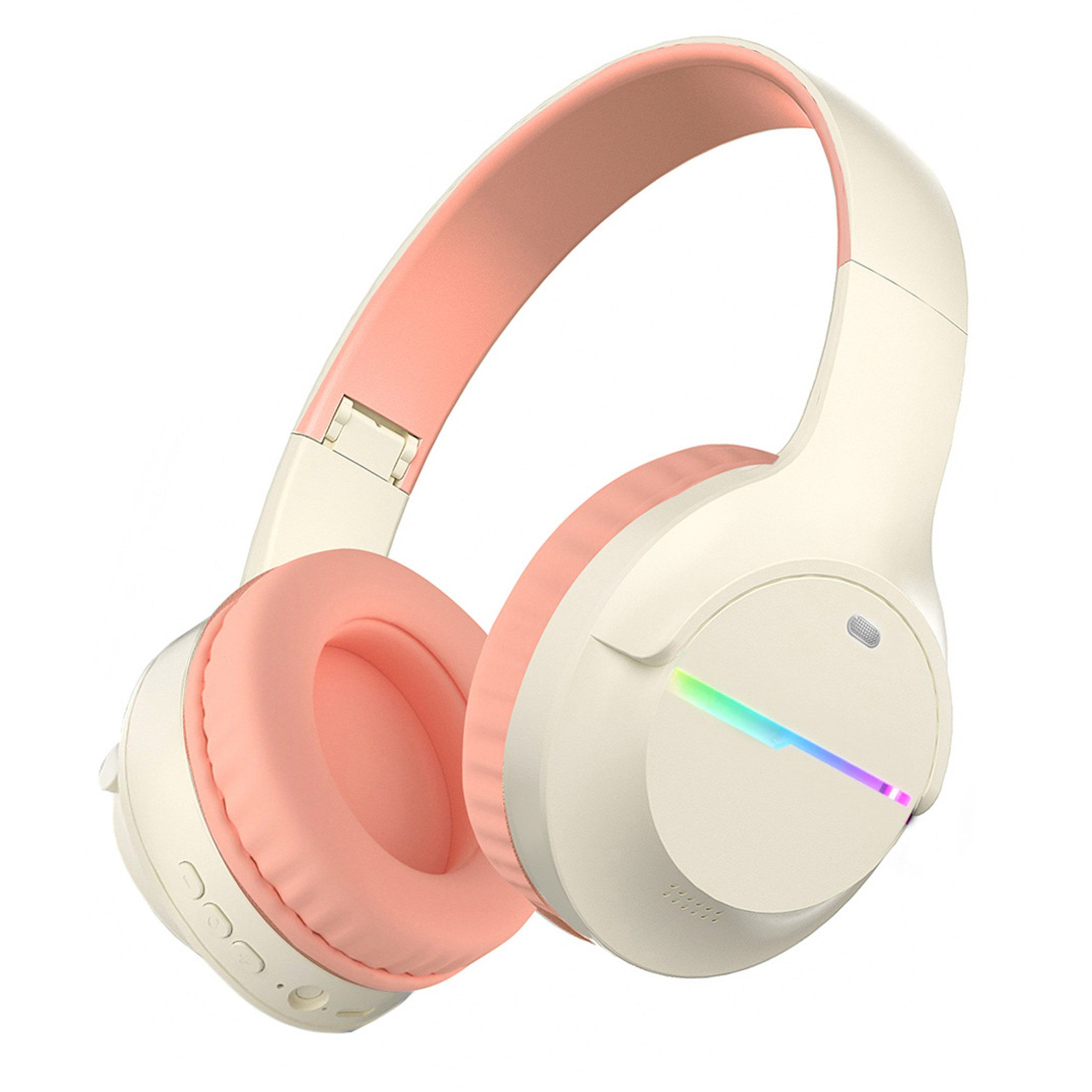 Weiße und rosa Kopfhörer. Rosa Ohrmuscheln und Stirnband. Der rechte hat ein Licht.