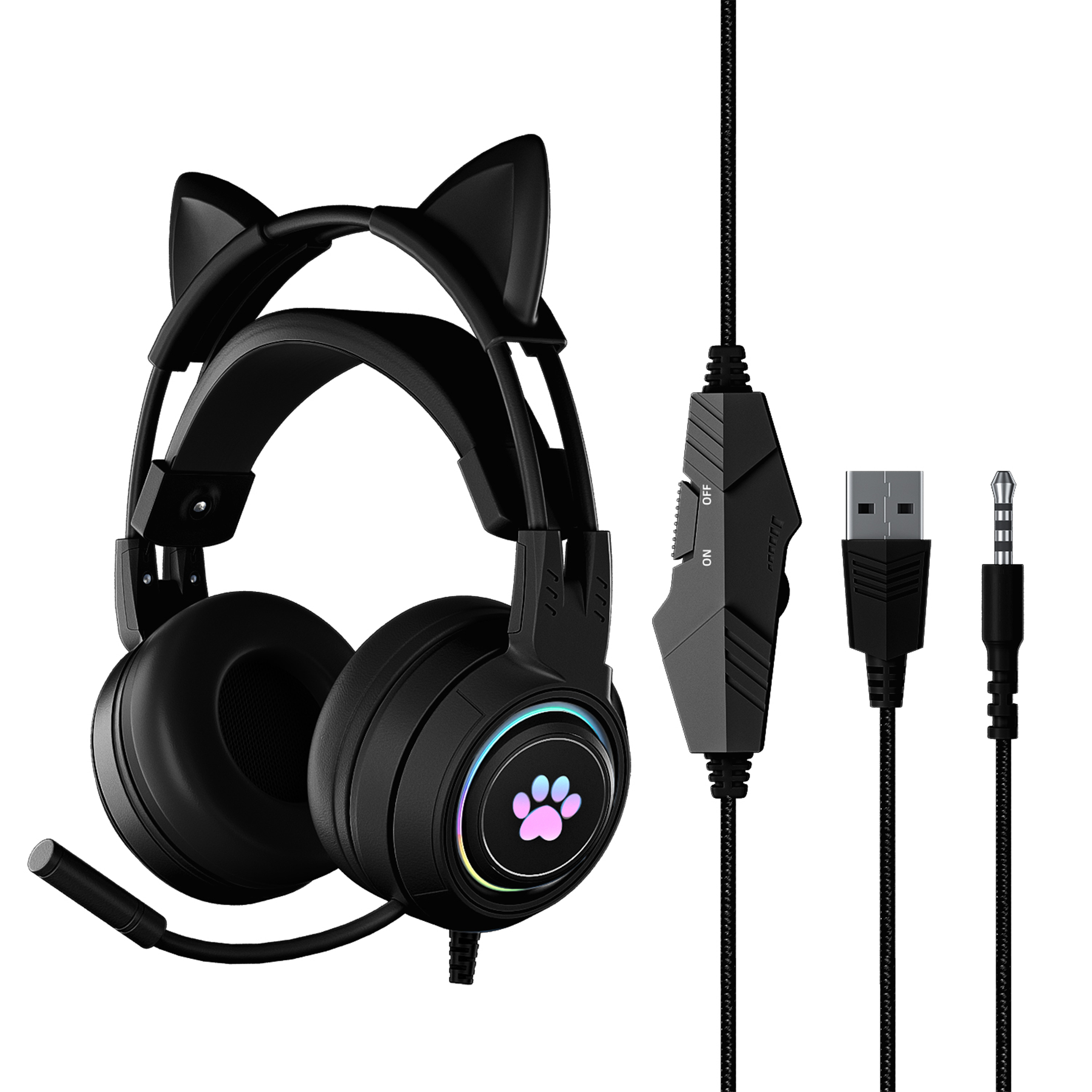 Schwarze Katzenohrkopfhörer mit Mikrofon und USB-Kabel. Grauer Steuerschalter. Weißer Hintergrund.