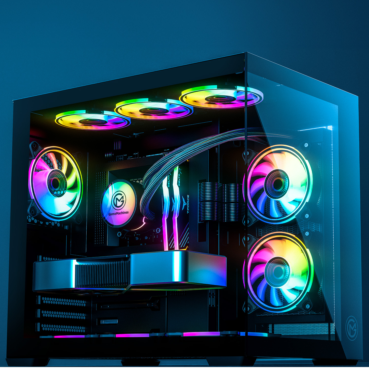 Ein Computergehäuse mit farbenfrohen LED-Lüftern und Blick auf die internen Komponenten.