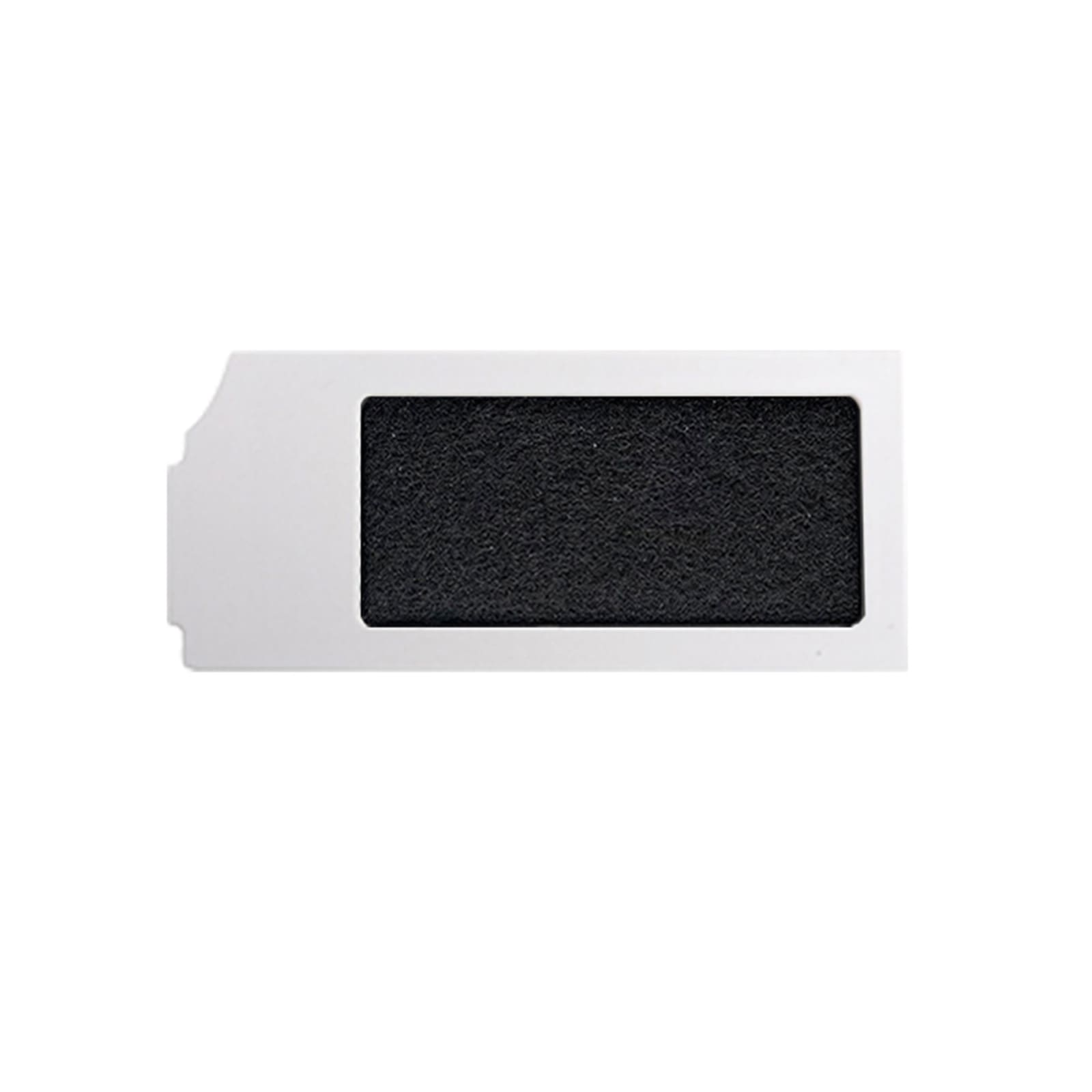 Weiß-schwarzer Luftfilter für ein Gerät. Er hat einen rechteckigen Filter in einem weißen Rahmen.