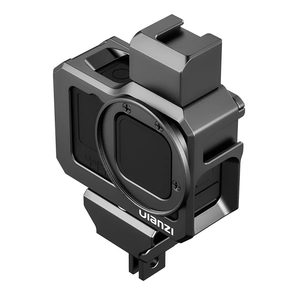 Een zwarte Ulanzi camerakooi voor een camera, met een witte achtergrond.