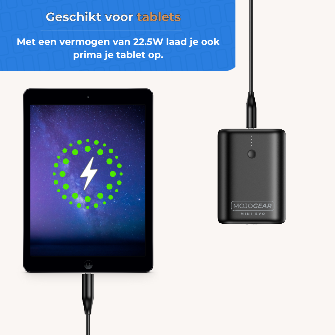 Tablet charging with a black charger. Tablet shows green lightning icon.