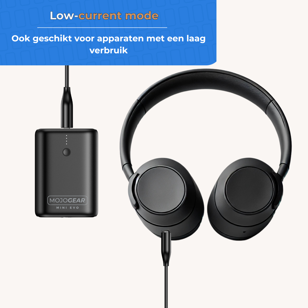 Black charger connected to headphones. Text 'Low-current mode'.