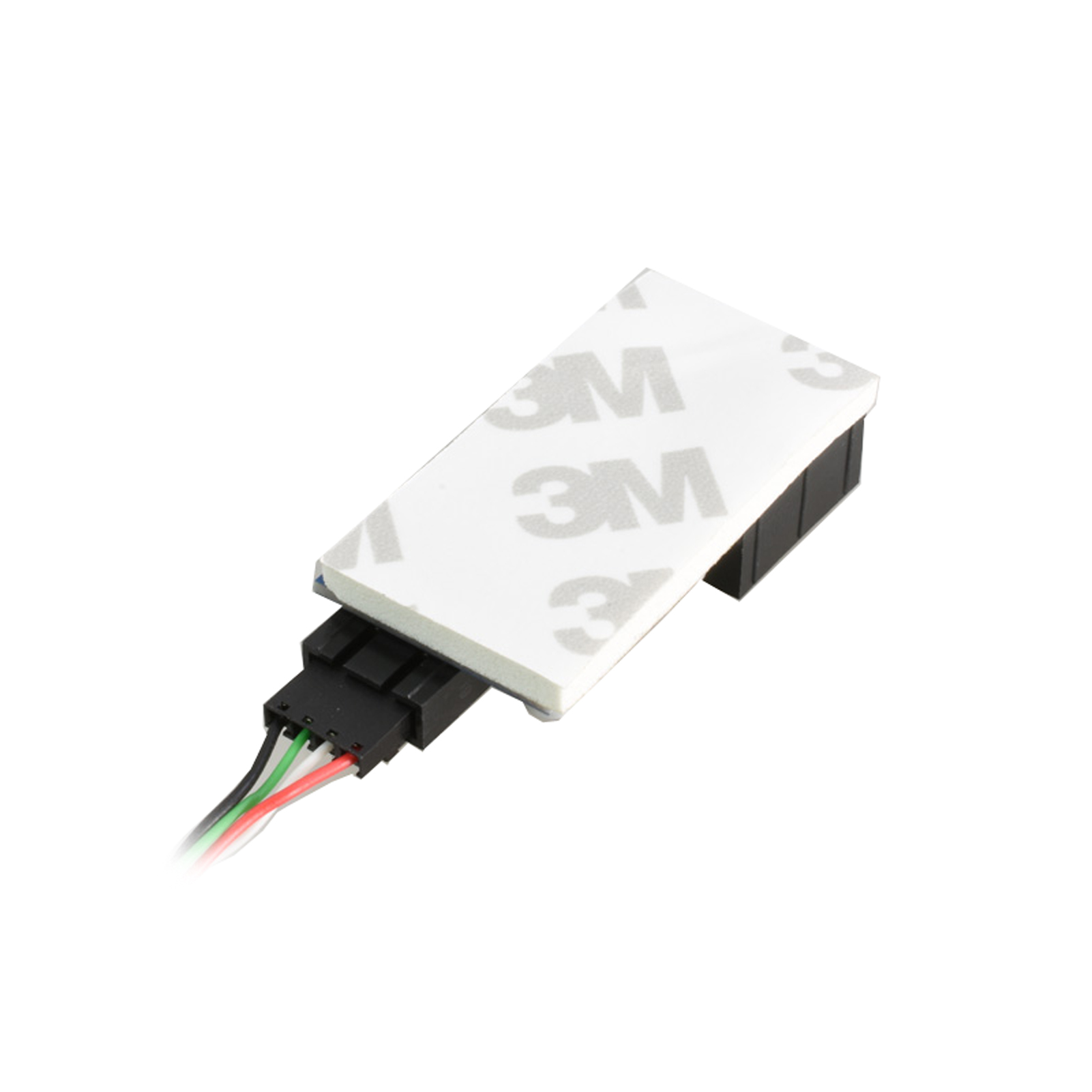 Kleine elektronische Komponente mit Drähten und einem weißen Klebepad, isoliert auf Weiß.