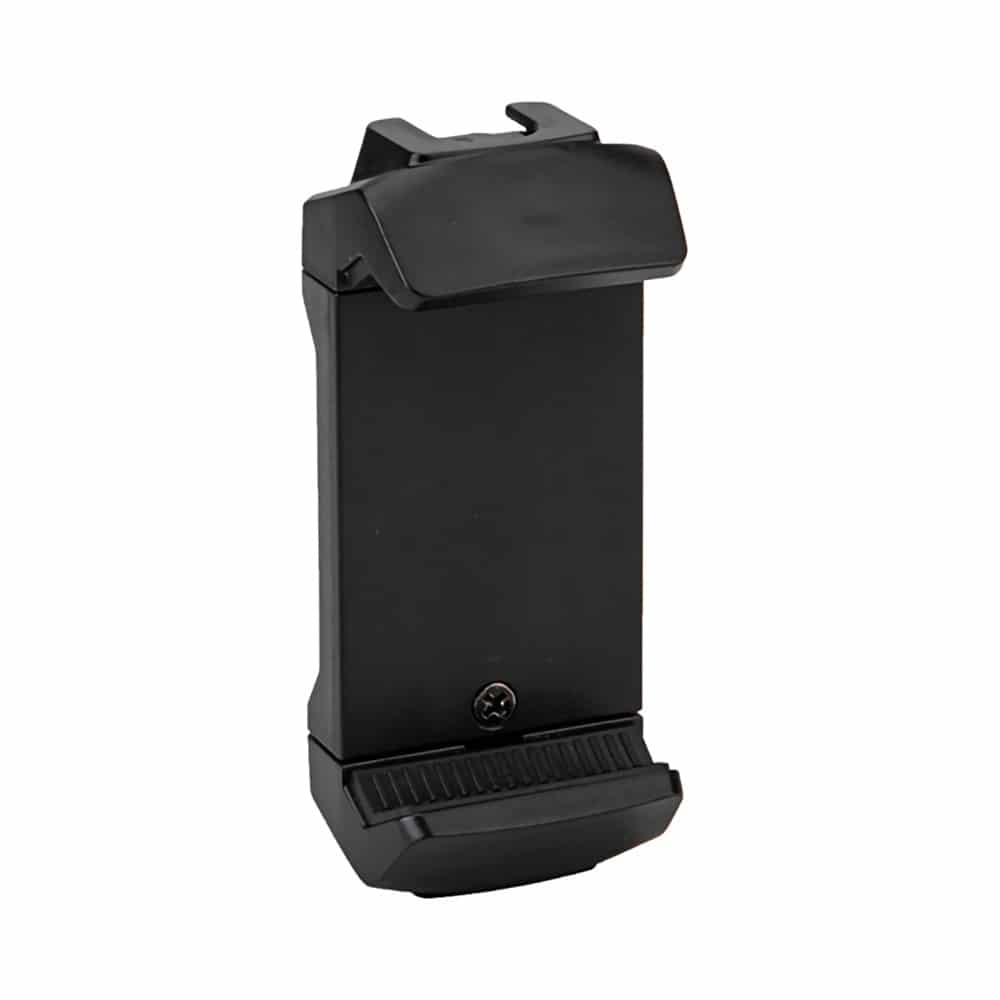 Un support noir pour smartphone pour une caméra, avec une vis et une fente de montage.