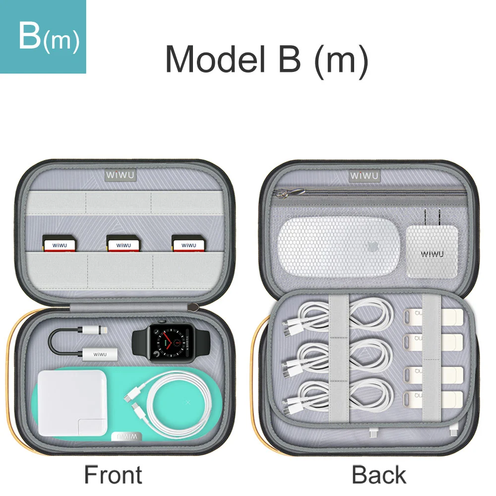 Open travel case with tech accessories: cables, watch, power adapter, and WiWU brand items.
