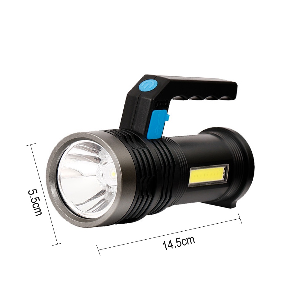 Schwarze Taschenlampe mit silberner Blende um die Linse. Die Abmessungen sind 14,5 cm lang und 5,5 cm breit.