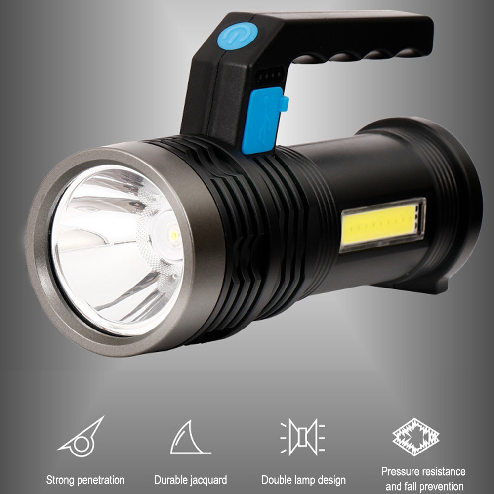 Schwarze Taschenlampe mit Griff und blauem Knopf. Enthält Symbole für starke Penetration und Haltbarkeit.