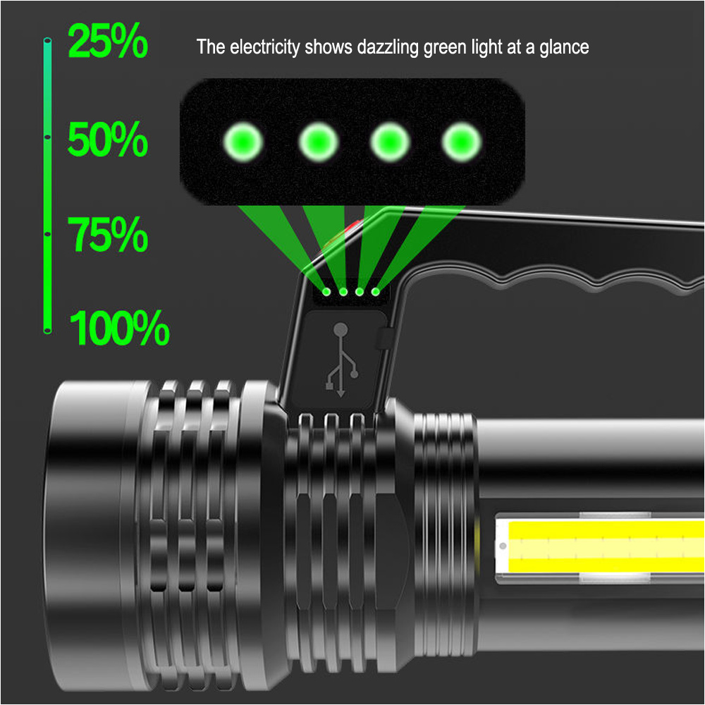 Eine Taschenlampe mit Batteriestandsanzeige. Grüne Lichter zeigen den Ladestand an. Text: '25%', '50%', '75%', '100%'.