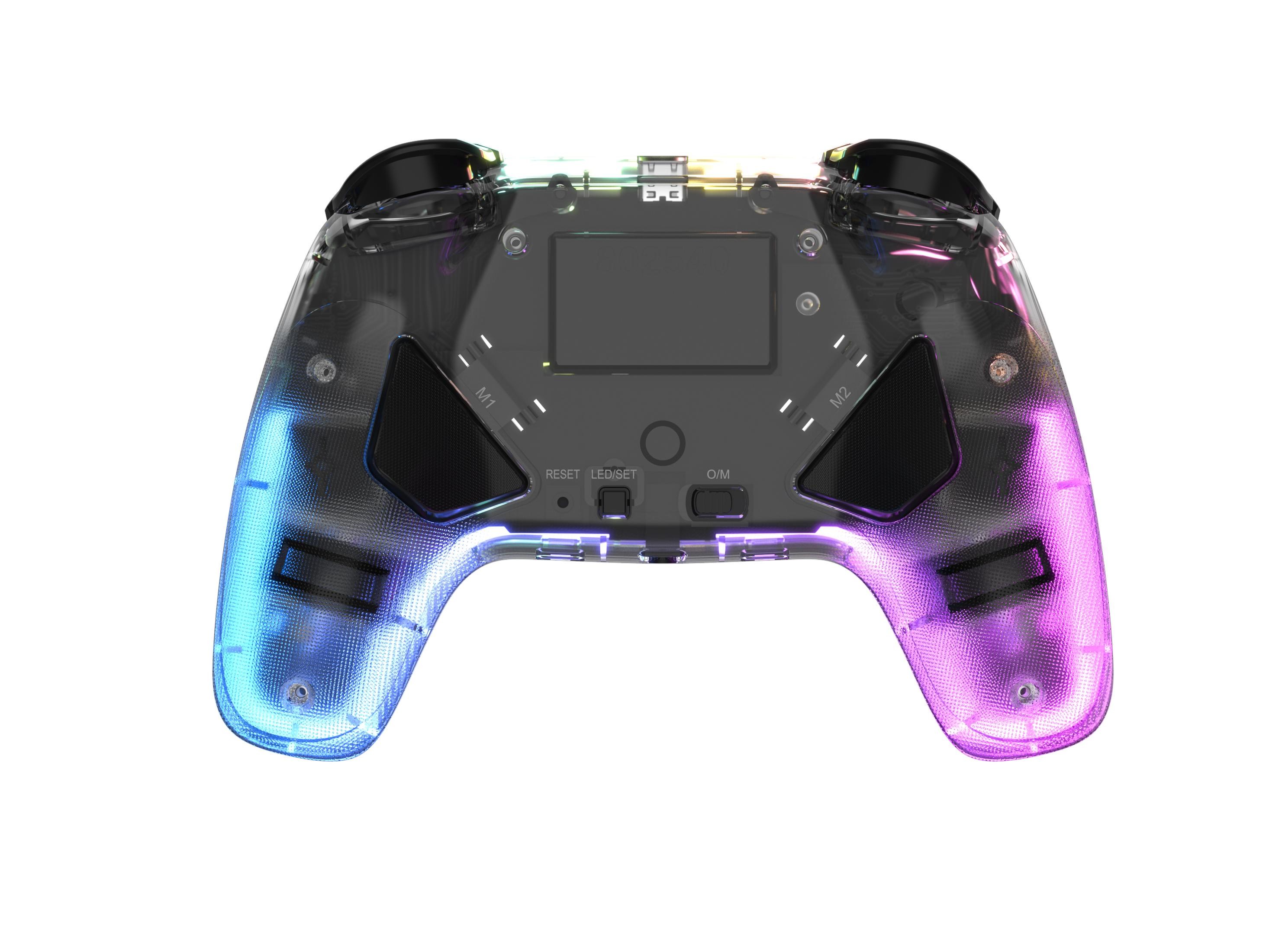 Transparenter Gamecontroller mit bunten LED-Lichtern. Knöpfe sind mit Buchstaben und Symbolen beschriftet.