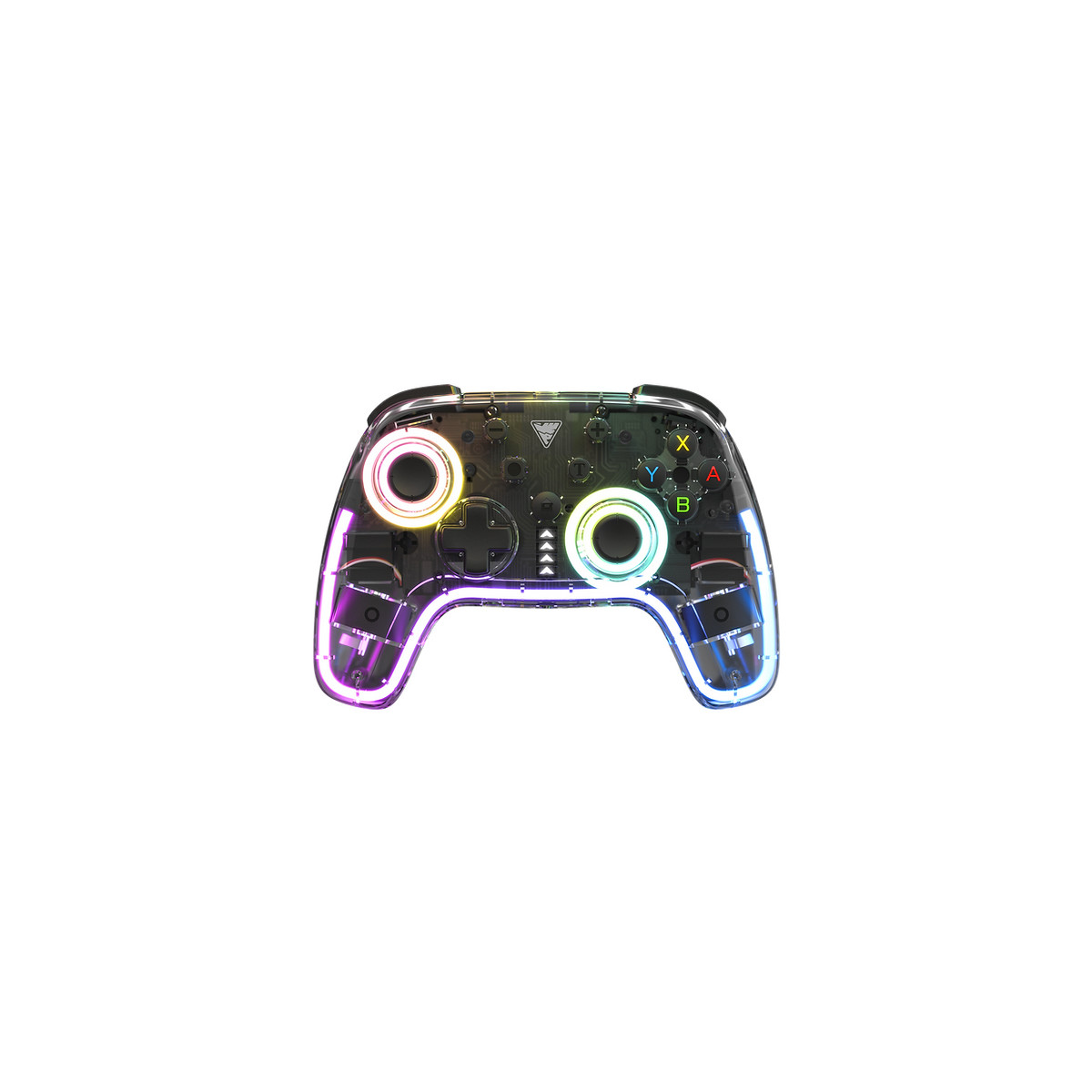 Schwarzer Gaming-Controller mit farbigen Lichtern. Er hat Knöpfe und ein transparentes Design.