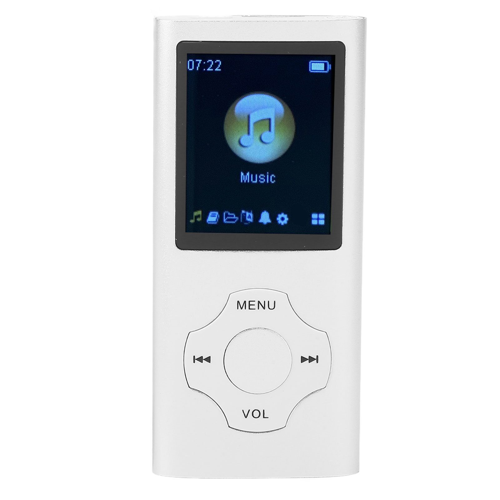 Weißer MP3-Player mit Bildschirm und Knöpfen. Der Bildschirm zeigt ein Musiksymbol und Menüoptionen.