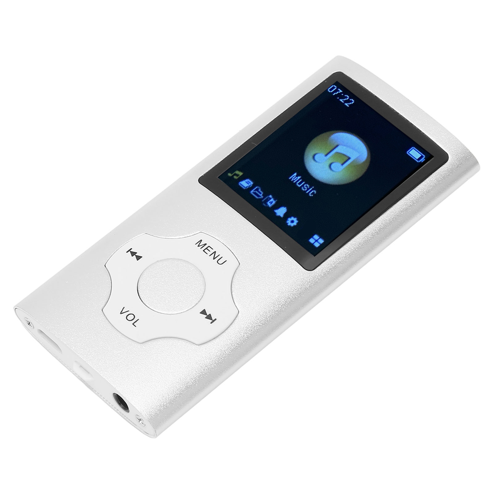 Silberner MP3-Player mit Knöpfen und Bildschirm. Weißer Hintergrund.