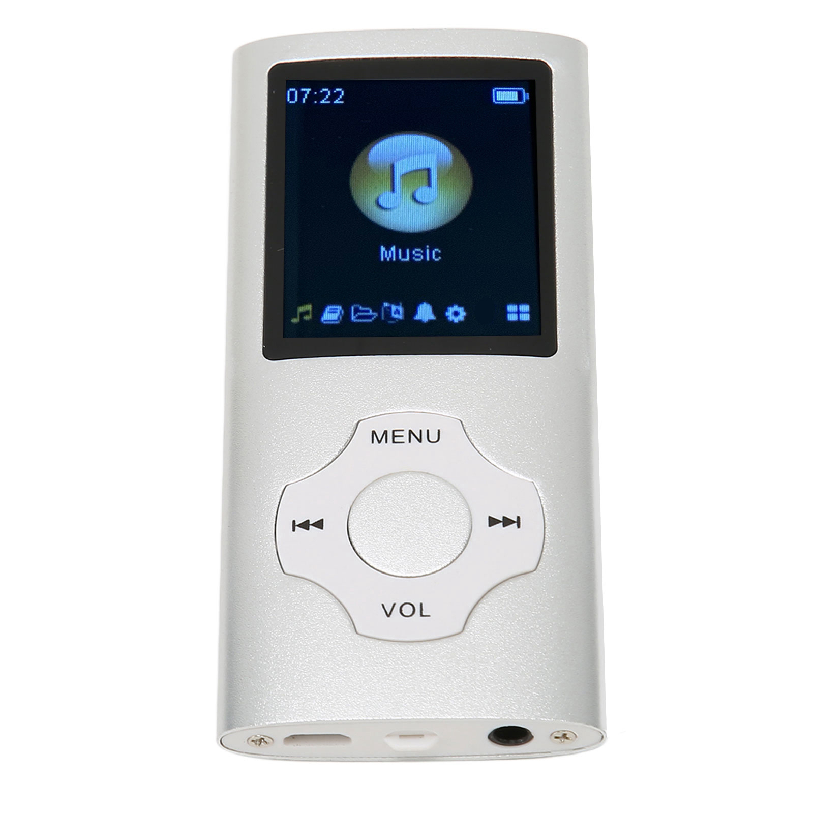 Silberner MP3-Player mit Bildschirm, der Musikauswahl und Steuertasten anzeigt.