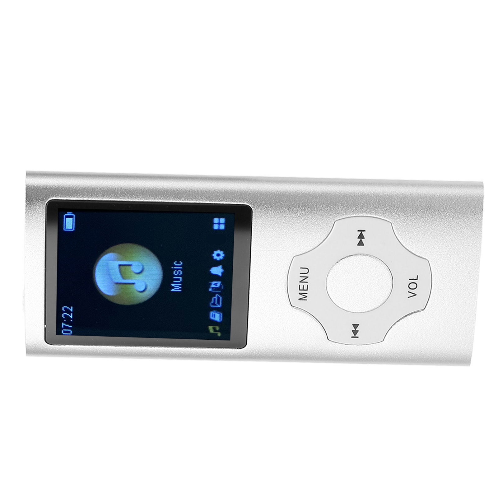 Ein silberner MP3-Player mit Bildschirm, der Musikeinstellungen und ein kreisförmiges Bedienfeld zeigt.