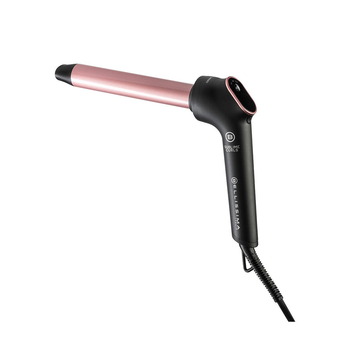Schwarzer und roségoldener Lockenstab. Das Eisen ist abgewinkelt mit schwarzem Griff und roségoldener Walze.
