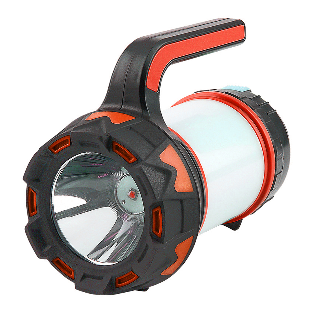 Schwarz-rote Taschenlampe mit weißem Licht auf weißem Hintergrund.