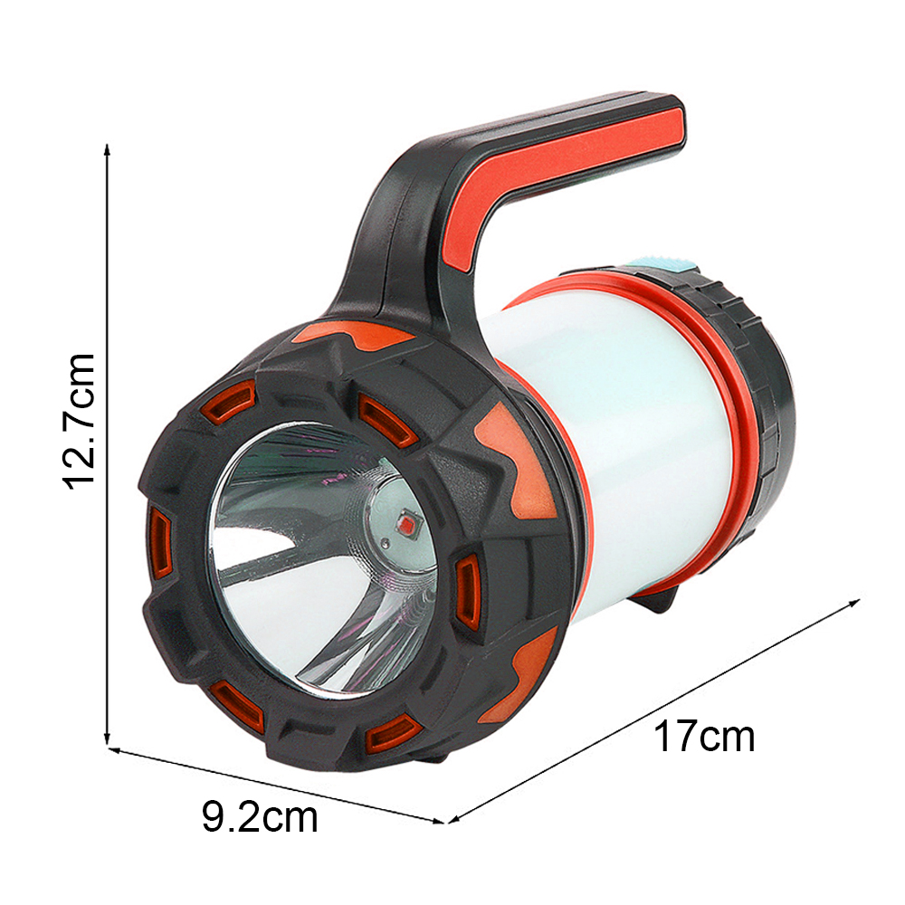 Schwarz-rote Taschenlampe. Sie hat einen Griff und ein großes Licht. Abmessungen sind angegeben.