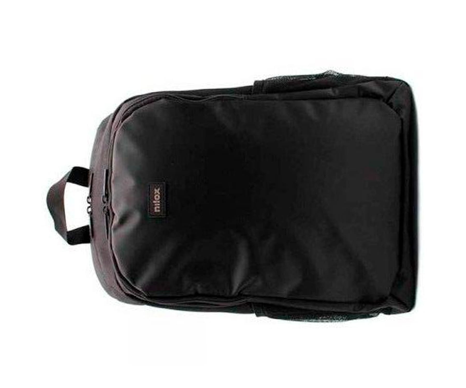 Schwarzer Rucksack, Draufsicht. Hat einen Griff, einen Reißverschluss und eine kleine Tasche vorne.
