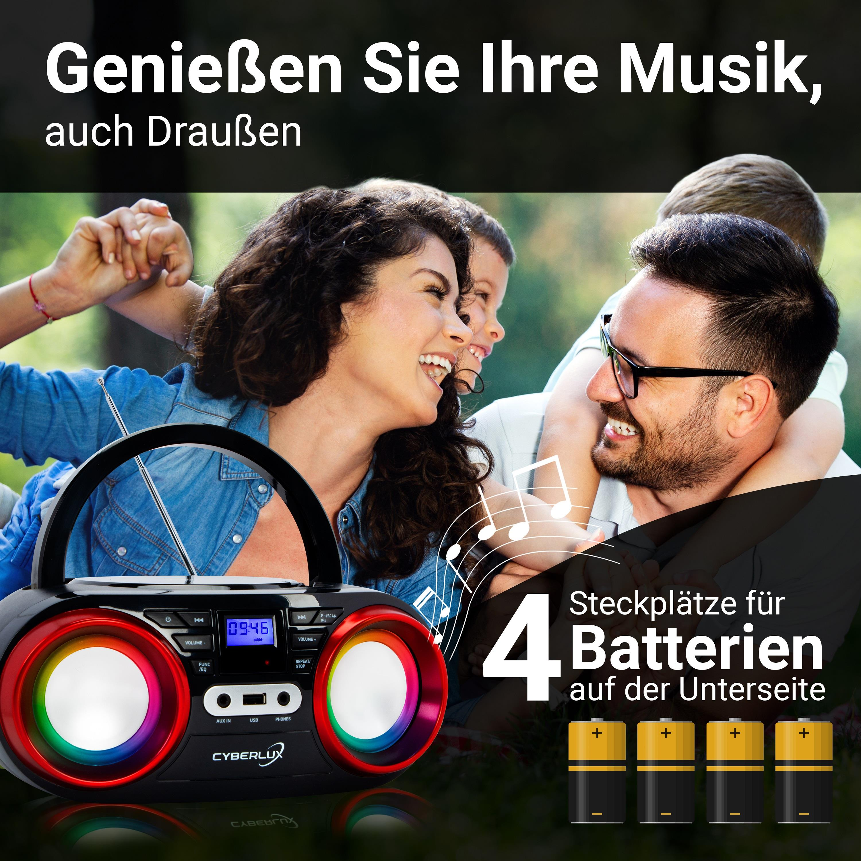 Leute genießen Musik aus einer Boombox. Text: Genießen Sie Ihre Musik, auch draußen.