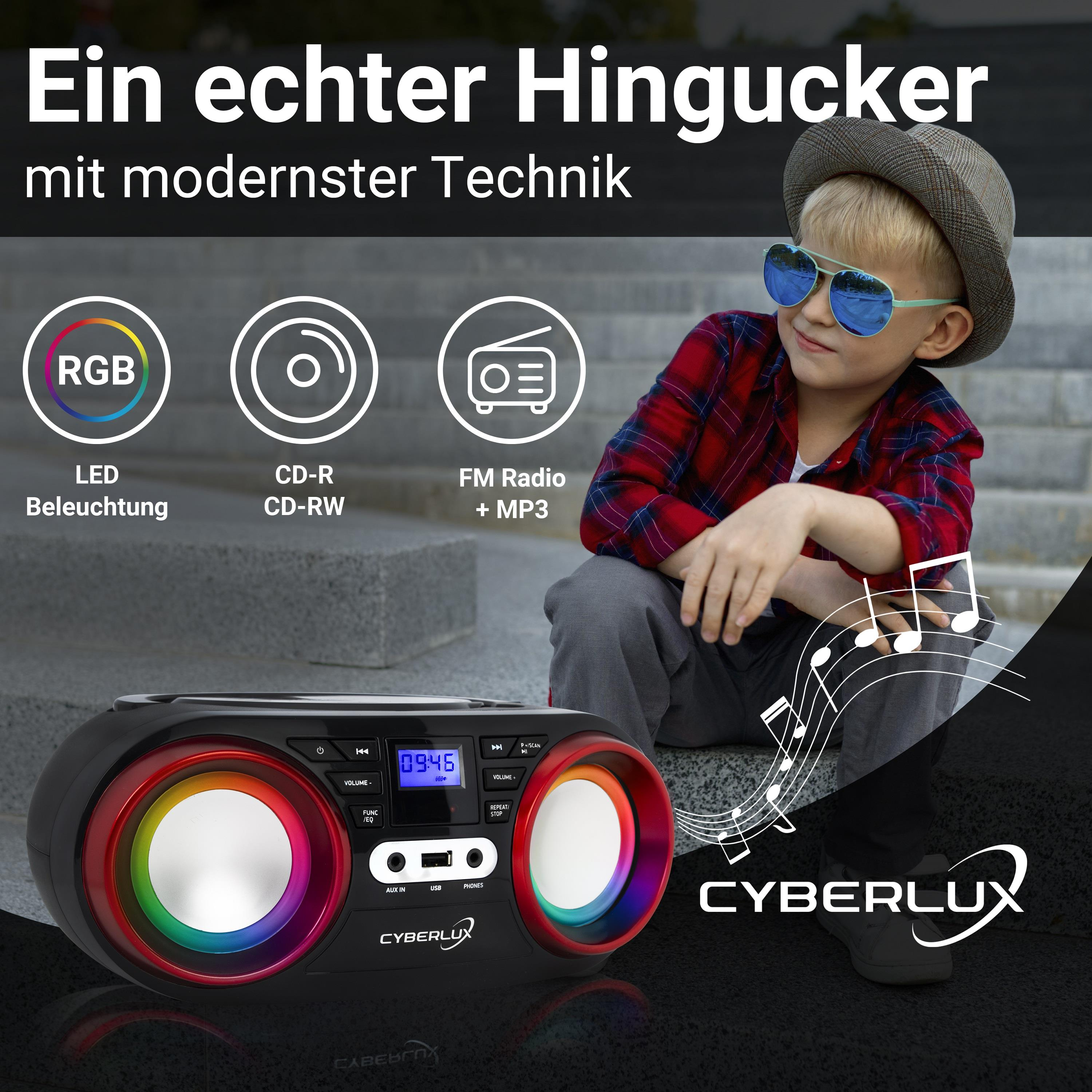 Ein Junge mit Sonnenbrille und Hut neben einem Radio mit Lichtern, CD- und UKW-Funktionen.